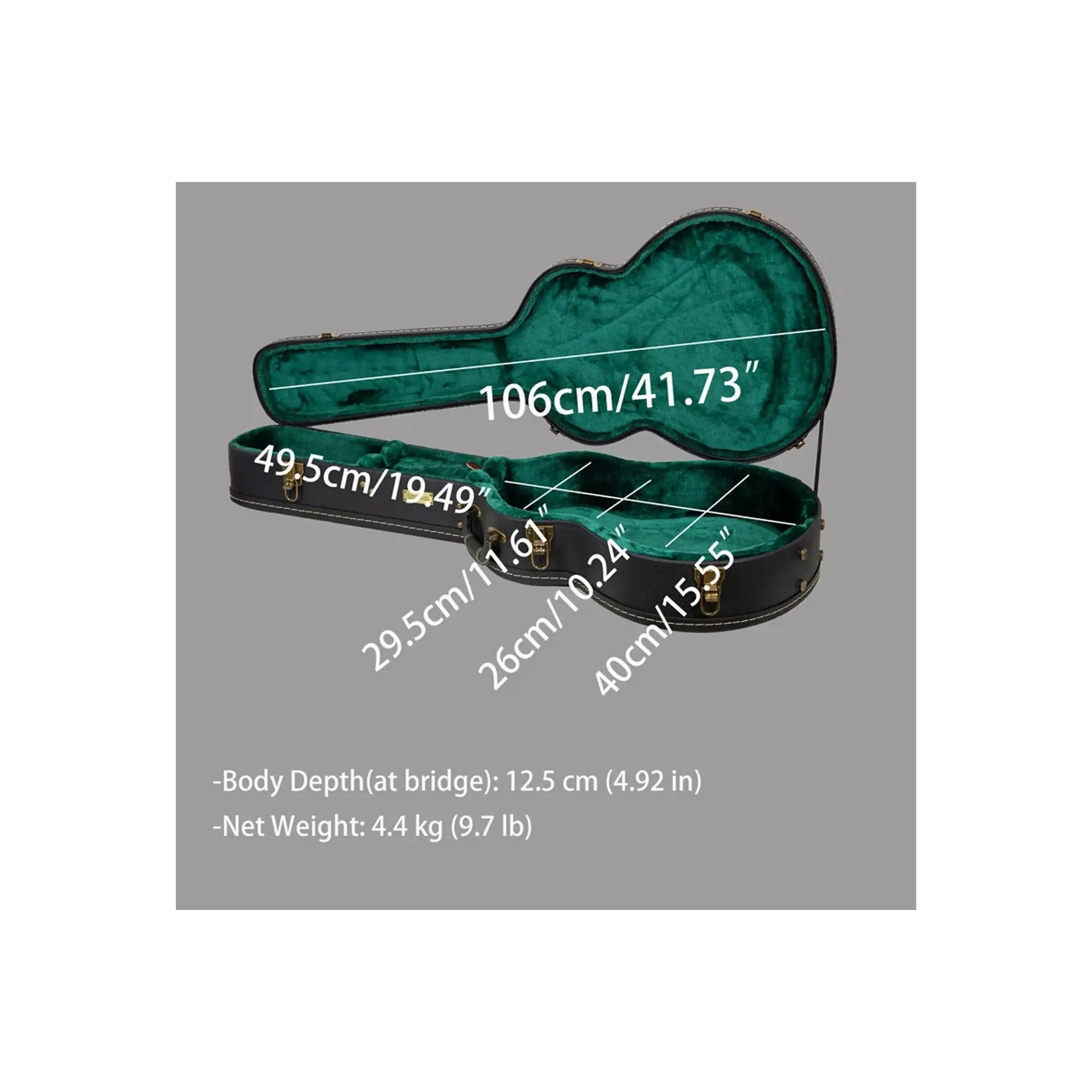 Open Crossrock CRW530OM 000 Style Guitar Case in blossom brown with green plush lining, showing interior dimensions.