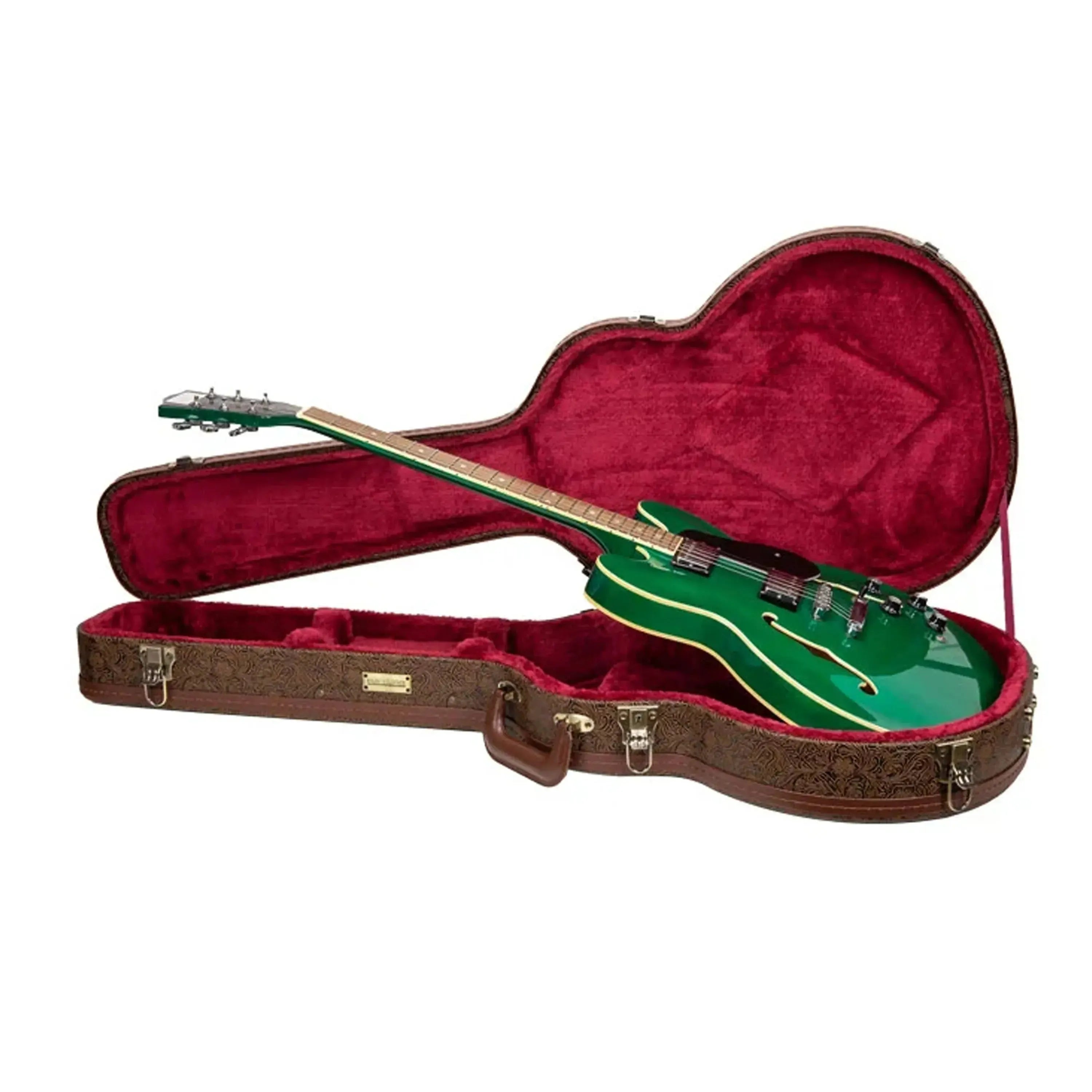 Crossrock CRW530SA 335 style semi-hollow guitar case with a green electric guitar inside.