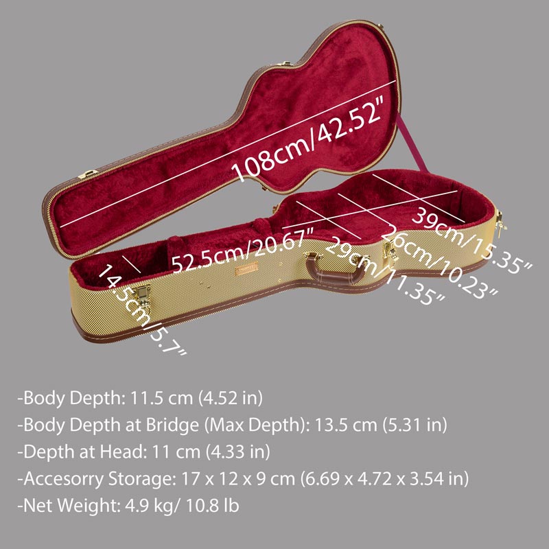 Interior measurement diagram for the Crossrock CRW620-00012 wood 000 guitar case (tweed version shown).