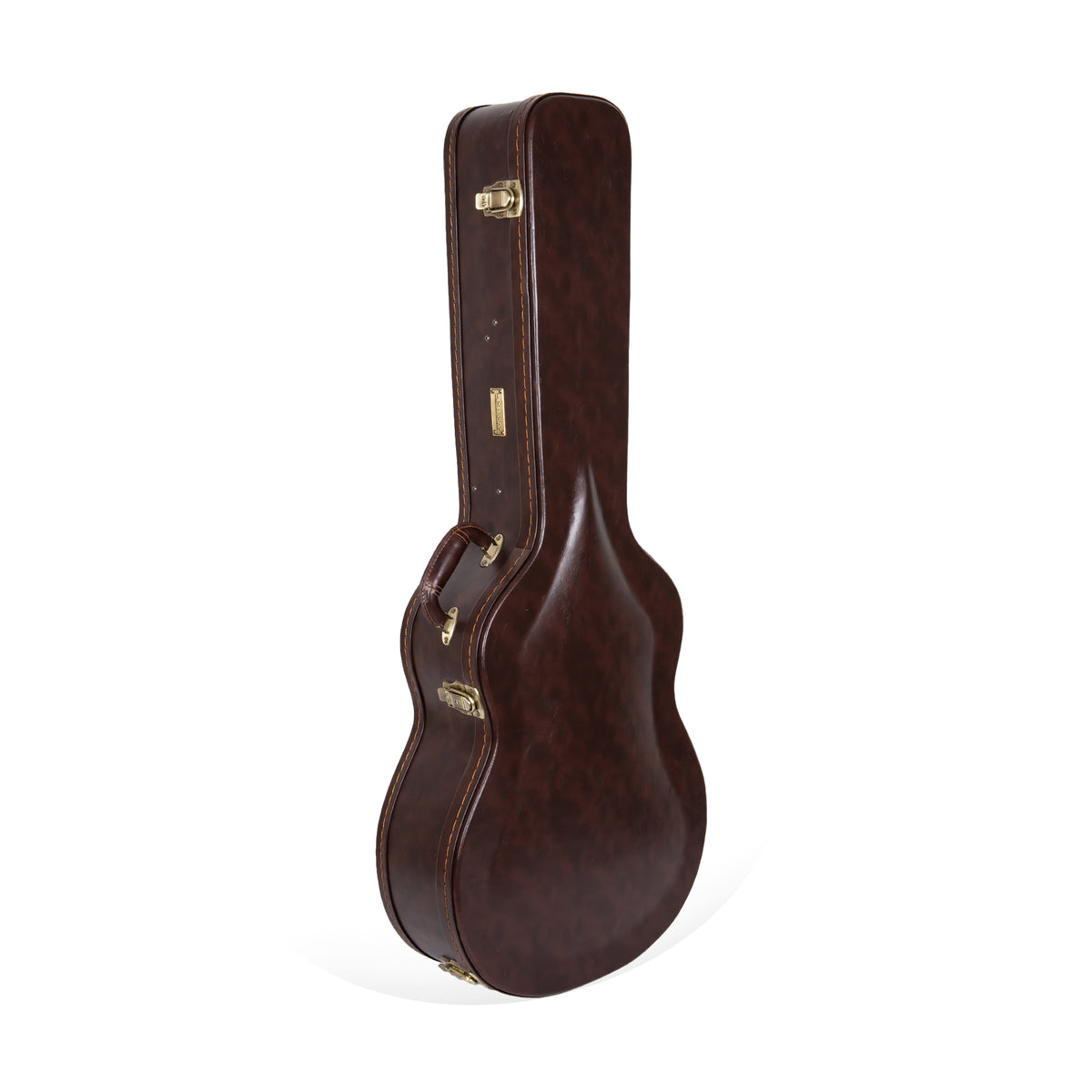 Crossrock CRW620-00012BR brown wood 000 guitar case standing upright, closed, with bronze latches and handle.
