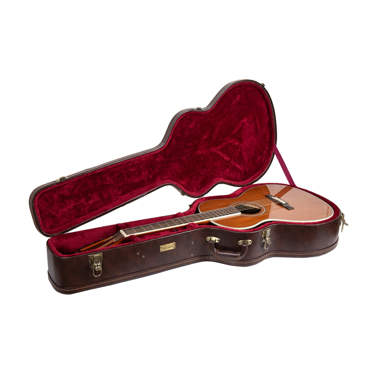 Crossrock CRW620-00012BR brown case open with a 12-fret acoustic guitar resting in the scarlet plush lining.