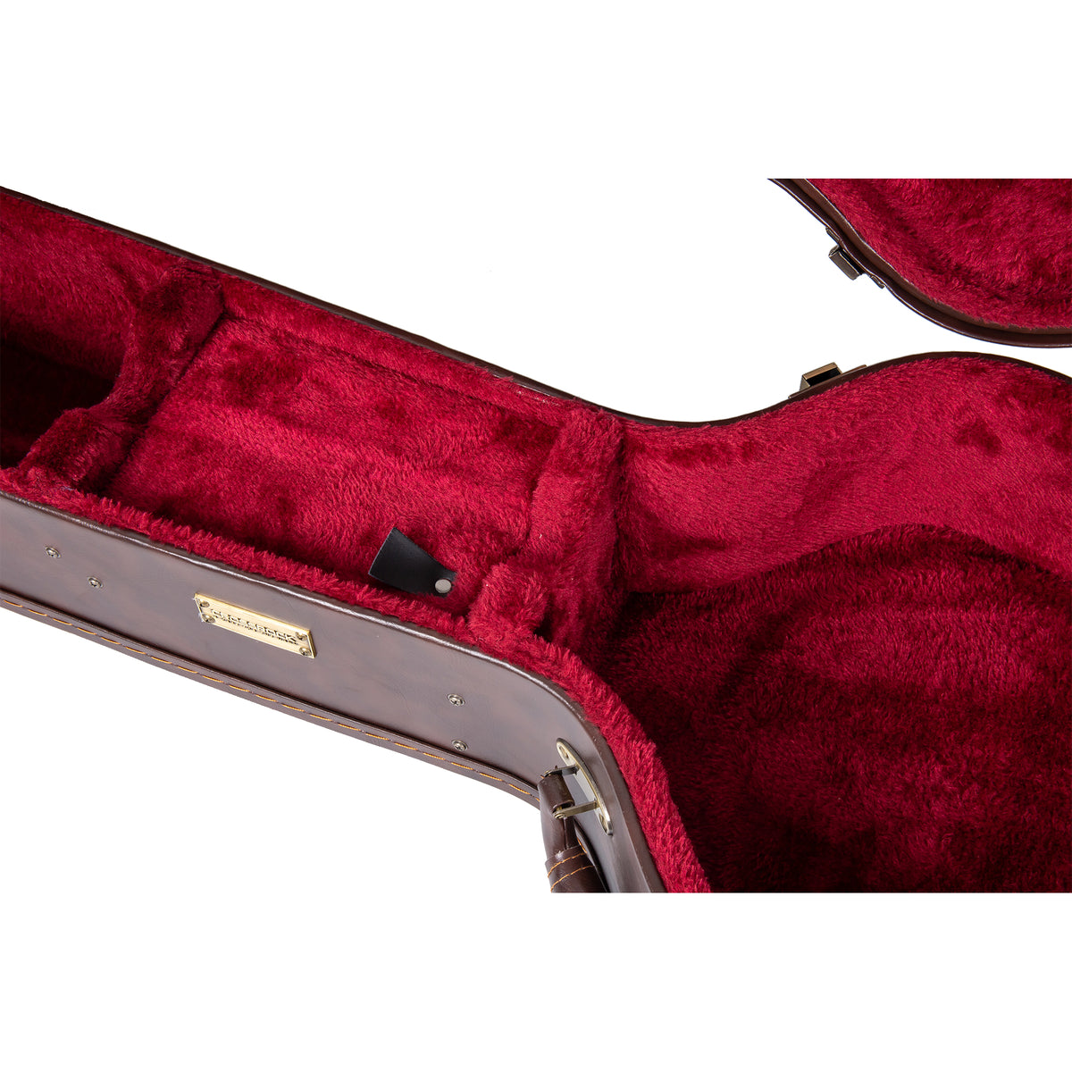 Close-up of the scarlet plush interior and accessory compartment inside the Crossrock CRW620-00012BR brown case.