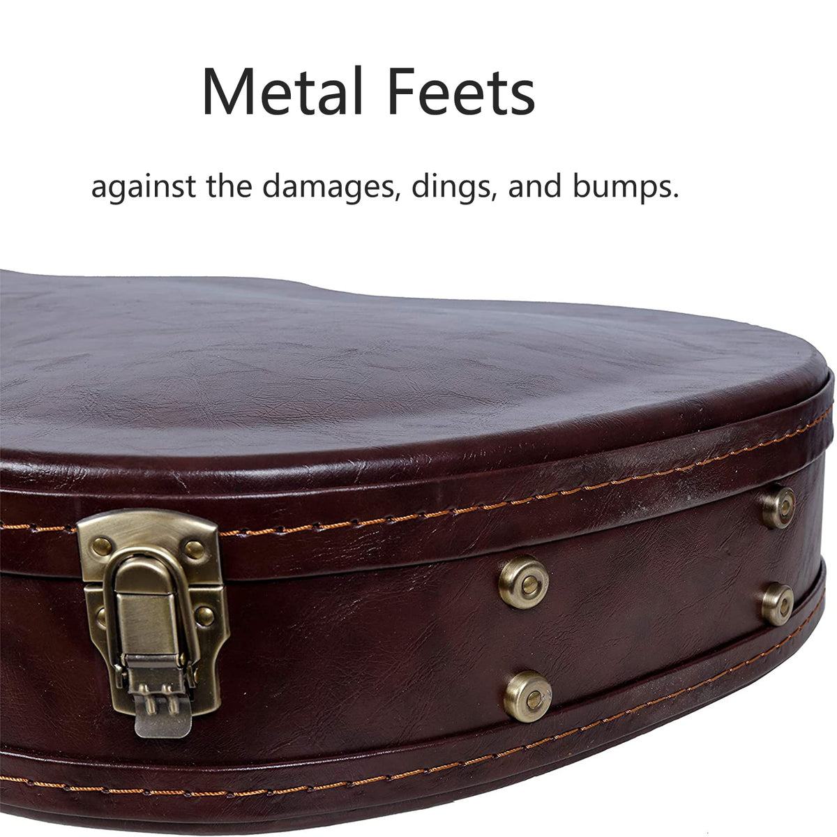 Close-up of the bronze latch and metal feet on the brown PVC exterior of the Crossrock CRW620-00012BR.