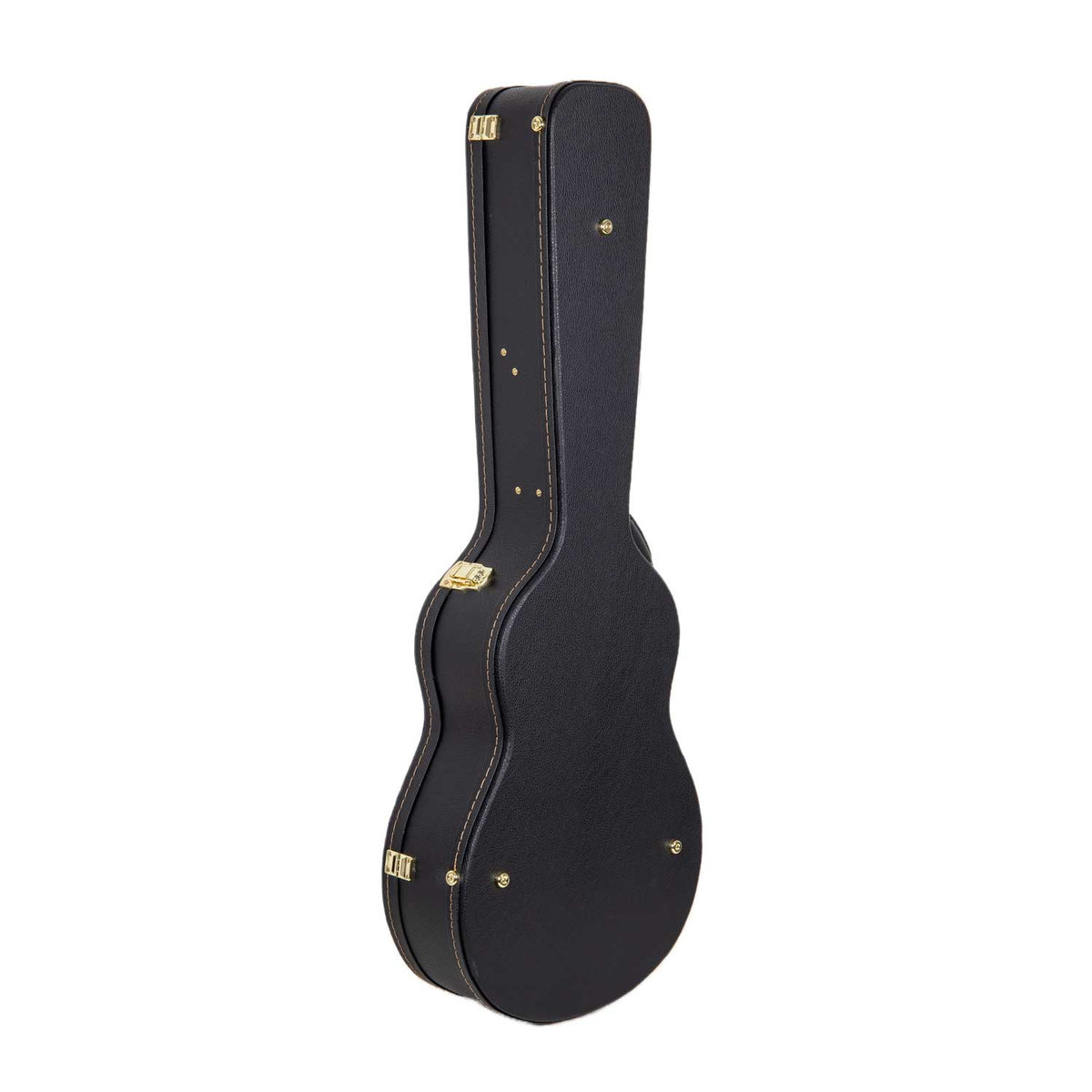 Crossrock CRW620-0012BK black wood parlor guitar case standing upright, viewed from the back edge.