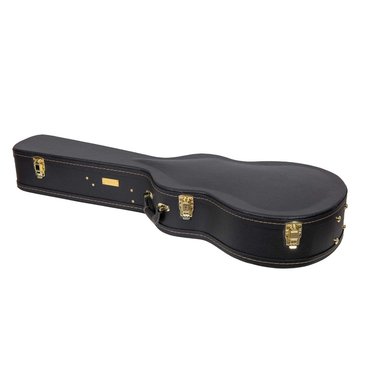 Crossrock CRW620-0012BK black wood parlor guitar case lying closed on its side, showing the arched top, handle, and latches.