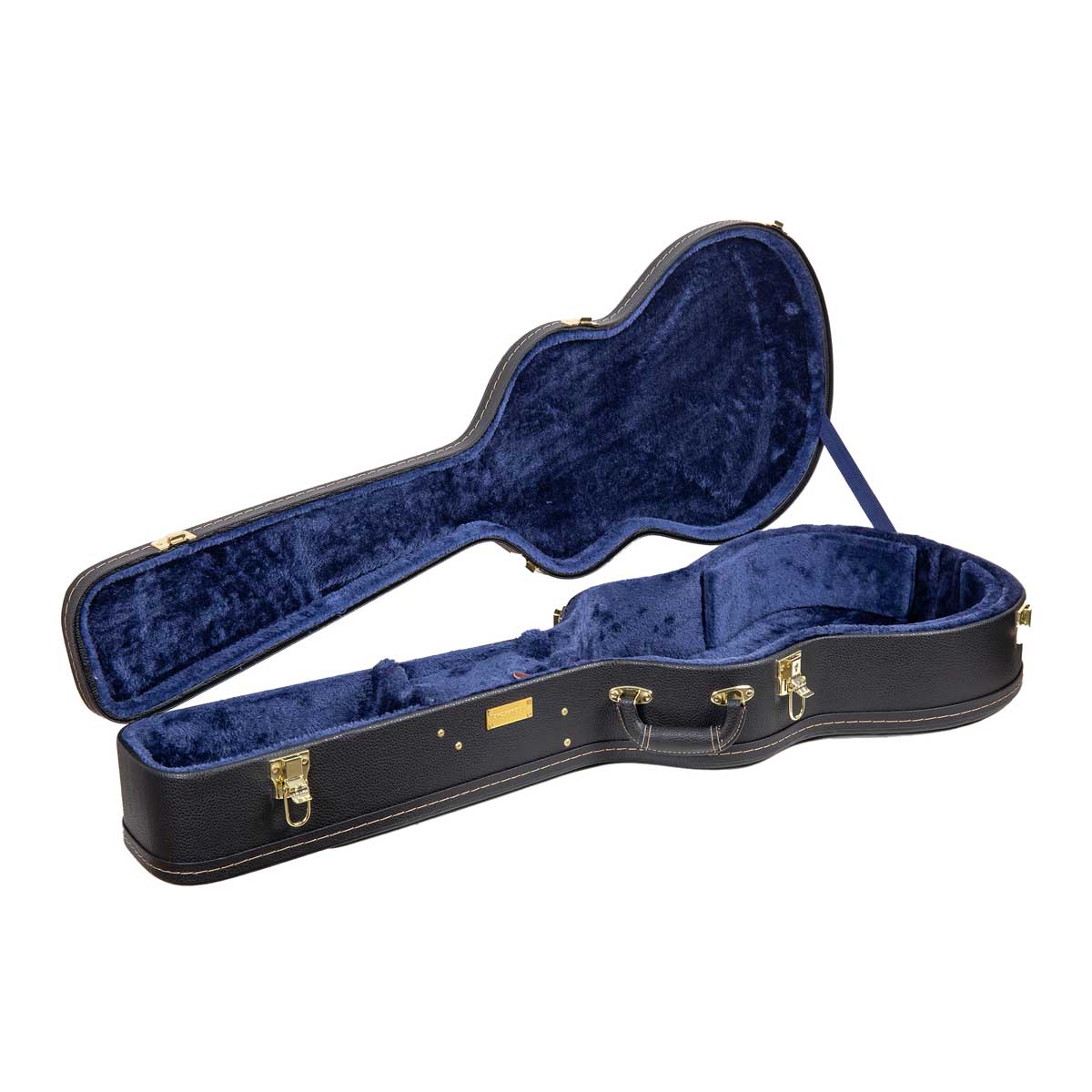 Crossrock CRW620-0012BK black wood parlor guitar case open, showing the blue plush interior and accessory compartment.