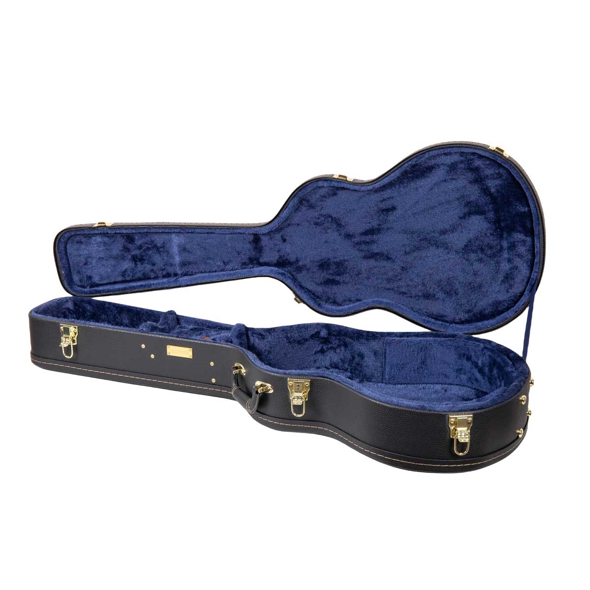 Crossrock CRW620-0012BK black wood parlor guitar case open from the front, showing the full blue plush interior.