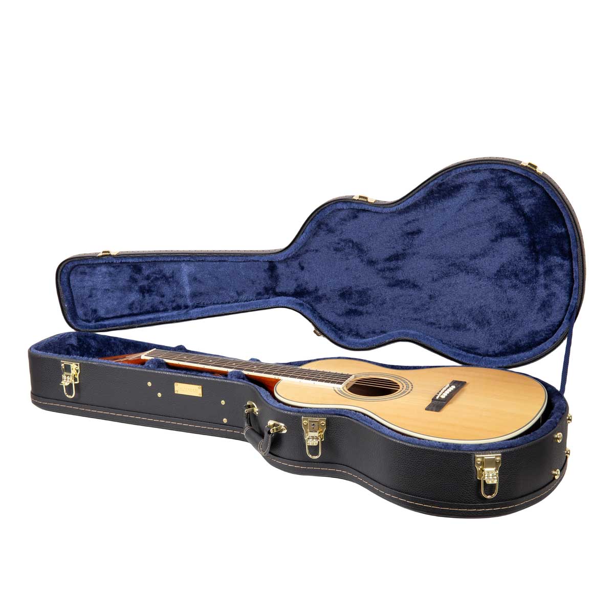 Crossrock CRW620-0012BK black wood parlor guitar case open with a 12-fret parlor acoustic guitar resting in the blue plush lining.