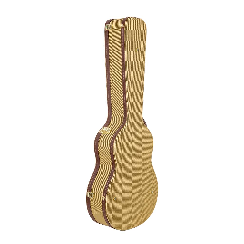 Crossrock CRW620-0012TW tweed wood parlor guitar case standing upright, viewed from the back edge.