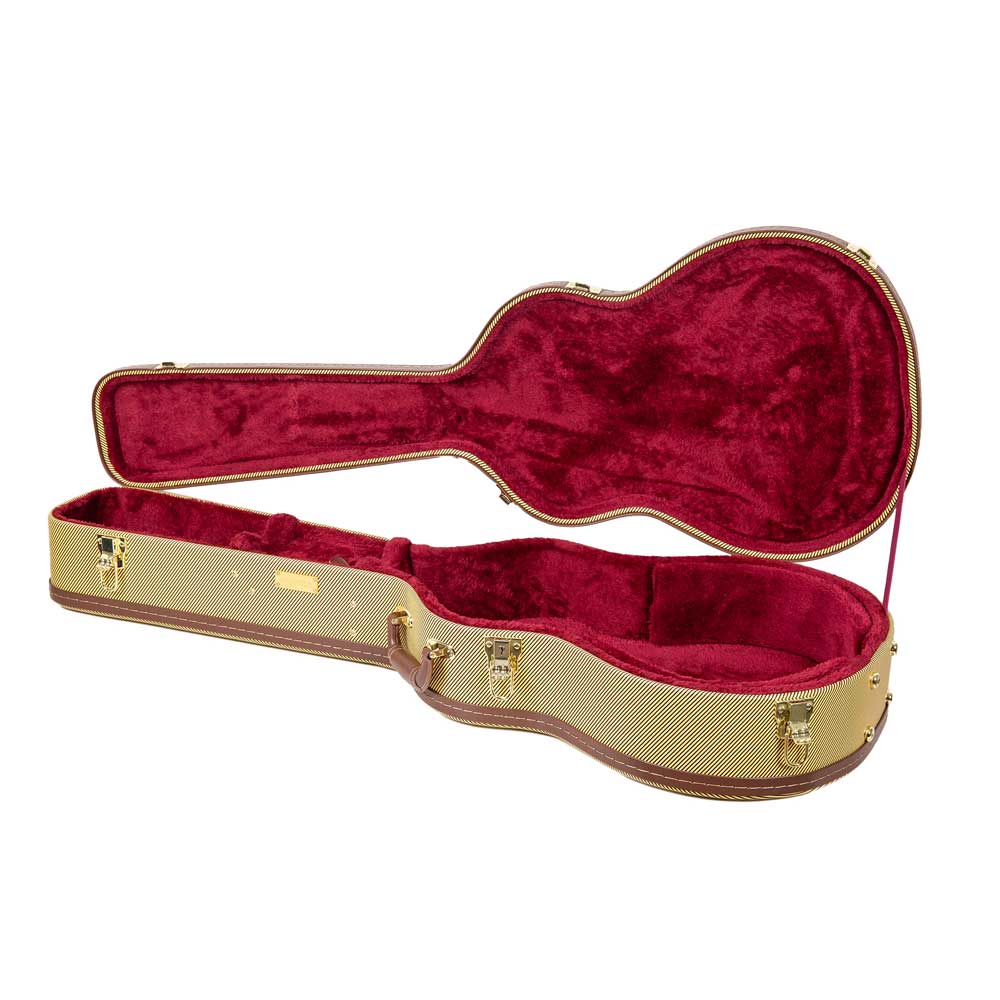 Crossrock CRW620-0012TW tweed wood parlor guitar case open, showing the scarlet plush interior.