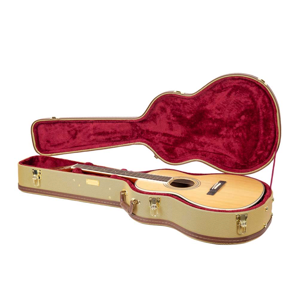 Crossrock CRW620-0012TW tweed wood parlor guitar case open with a 12-fret parlor acoustic guitar resting in the scarlet plush lining.