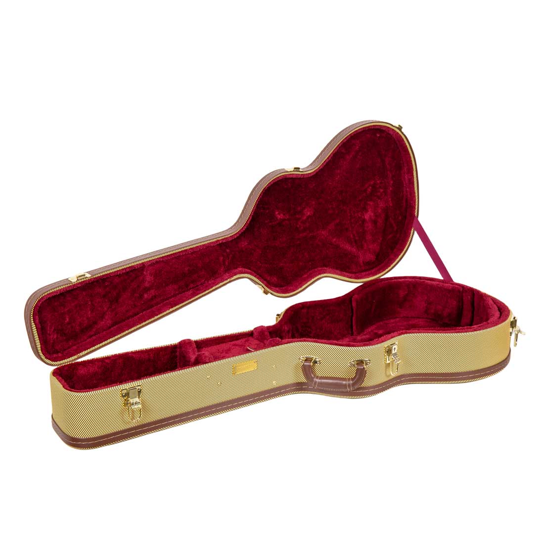 Crossrock CRW620-0012TW tweed wood parlor guitar case open at an angle, showing the scarlet plush lid and body cavity.