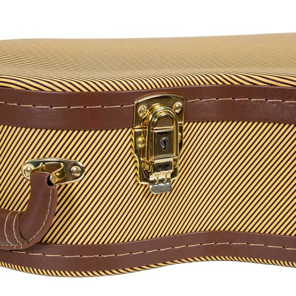 Crossrock CRW620-0012TW tweed wood parlor guitar case close-up of the gold locking latch and handle on the tweed exterior.