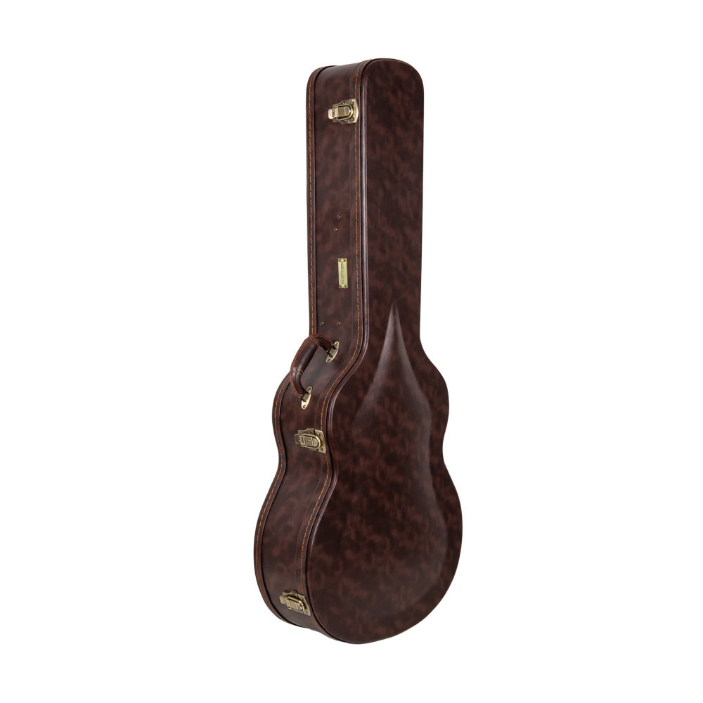 Crossrock CRW620JA17BR brown wood archtop jazz guitar case standing upright, closed, with brown leatherette exterior and latches.