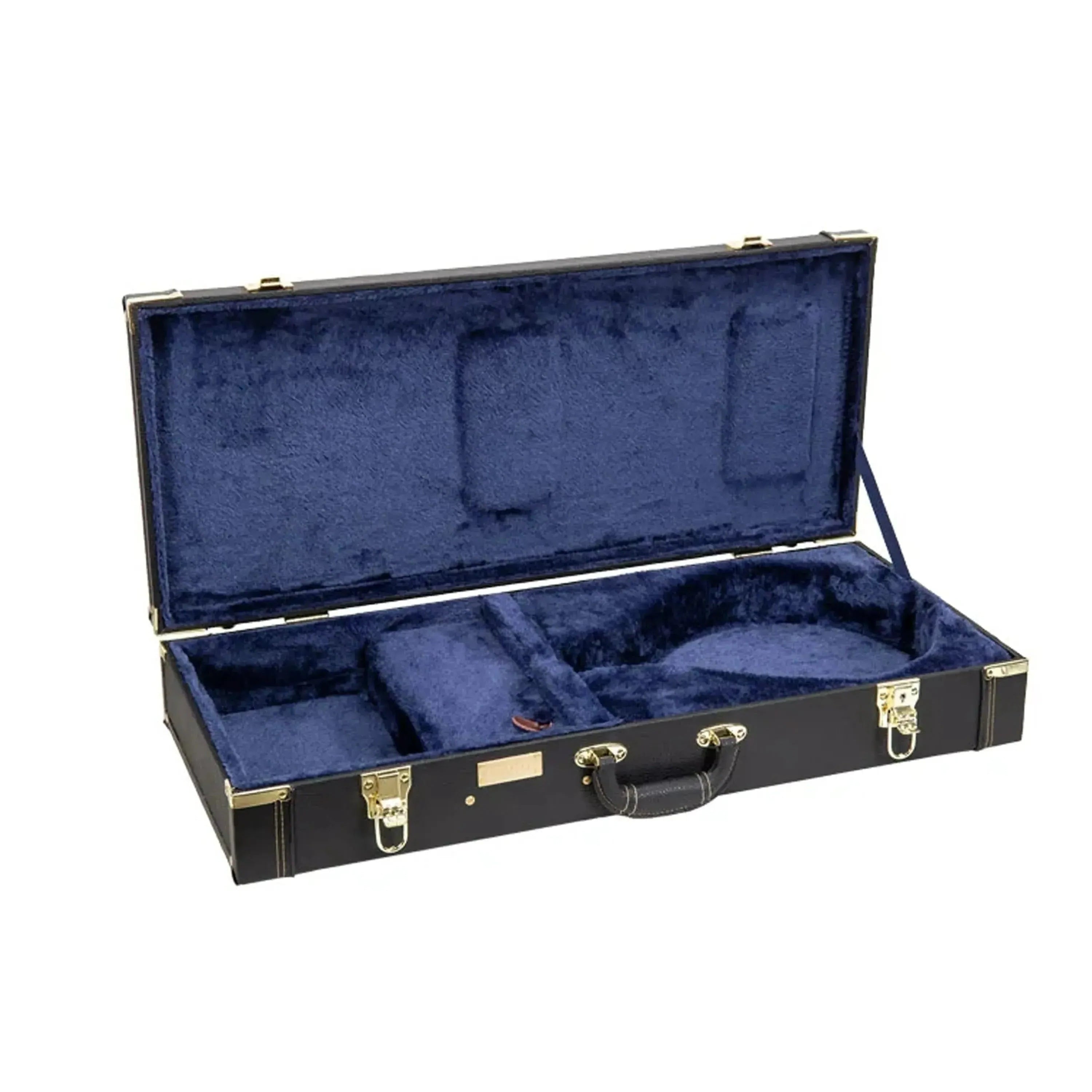 Open Crossrock CRW620MA-R A-Body rectangular mandolin case in black with blue plush interior.