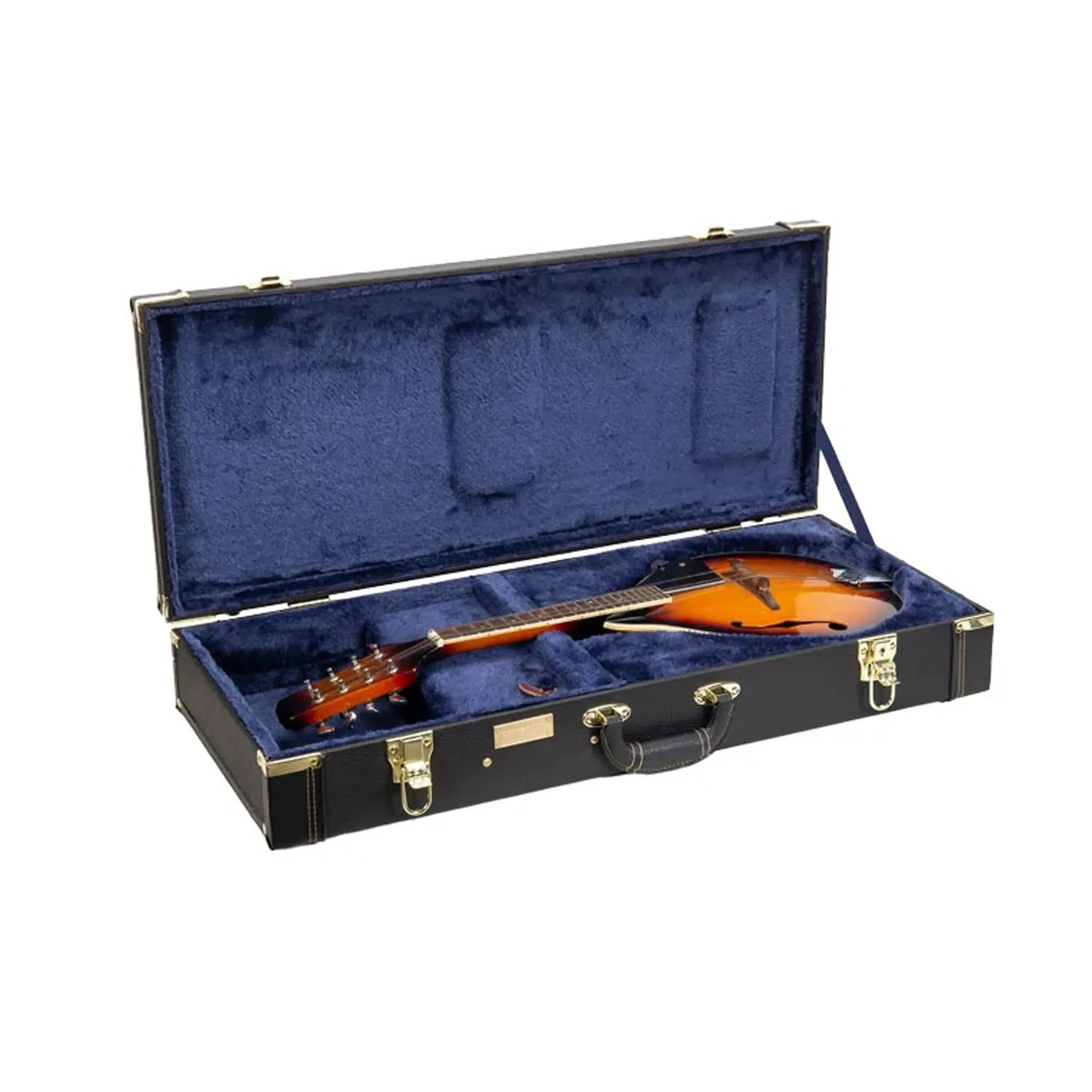 Crossrock CRW620MA-R black rectangular A-body mandolin case with a mandolin inside its blue plush interior.