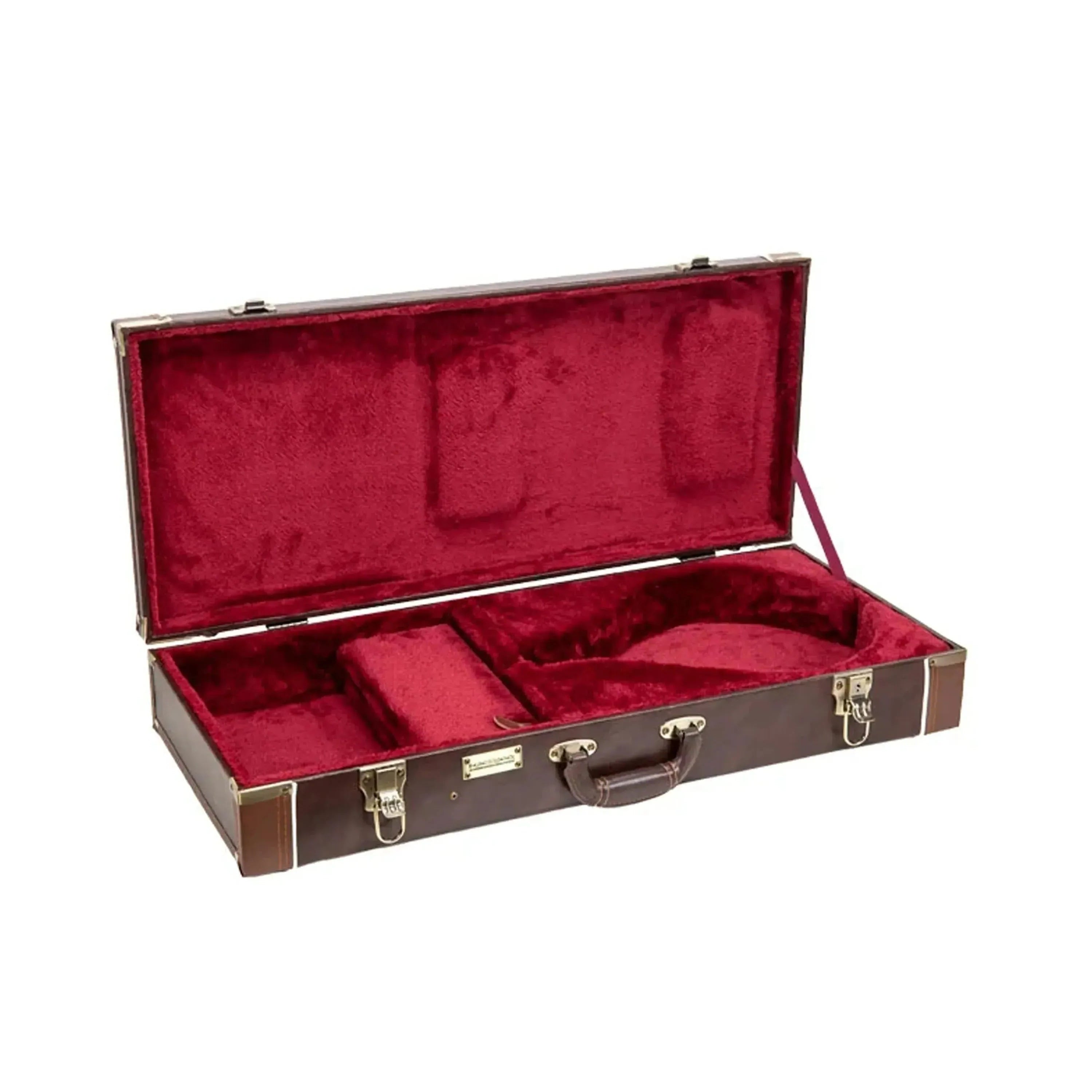 Crossrock CRW620MA-R A-Body rectangular mandolin case, open, showing brown exterior and deep red plush interior.