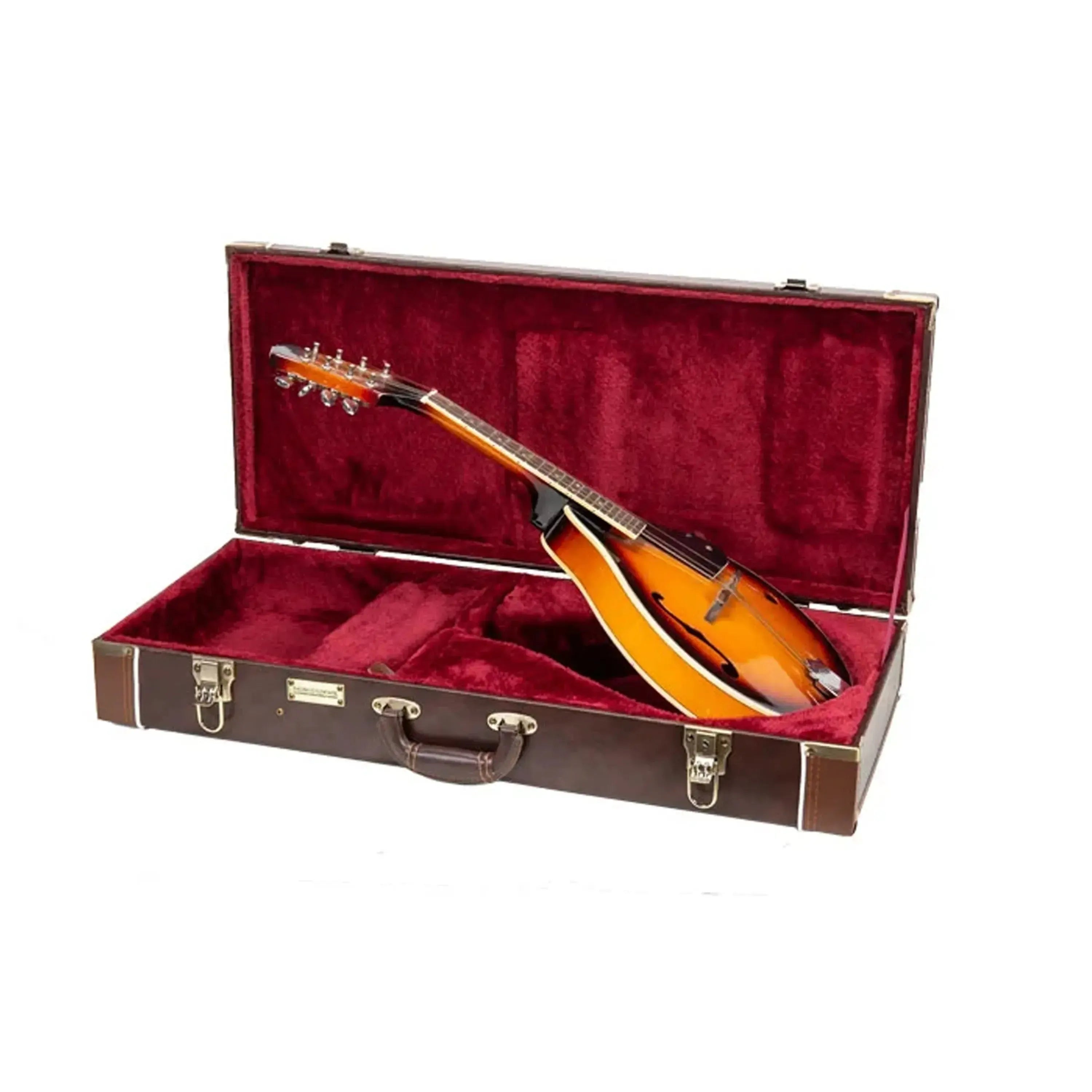Crossrock CRW620MA-R A-Body Rectangular Mandolin Case in brown with a mandolin inside its red plush interior.