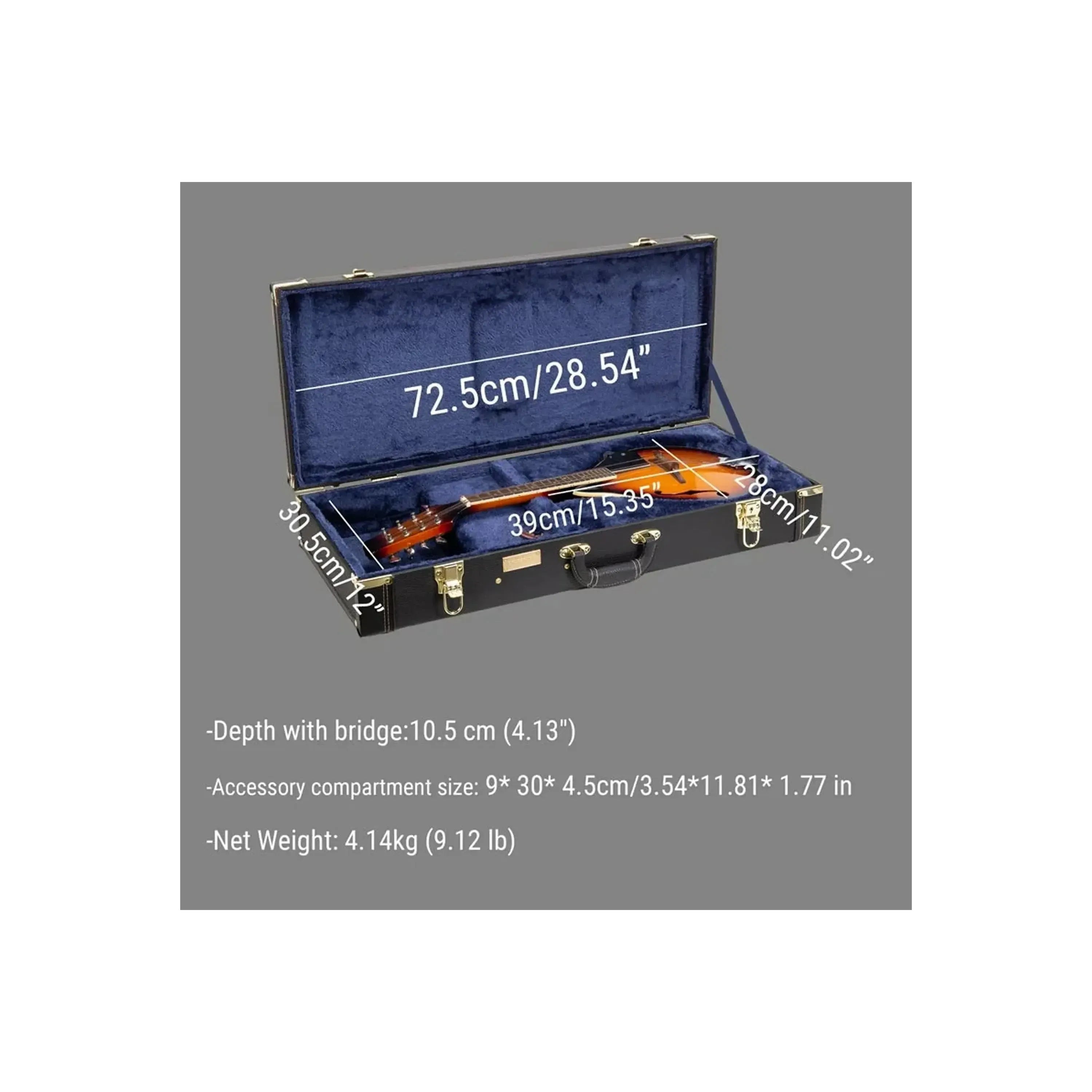 Crossrock CRW620MA-R A-Body Rectangular Mandolin Case, black exterior, blue plush interior, with dimensions.