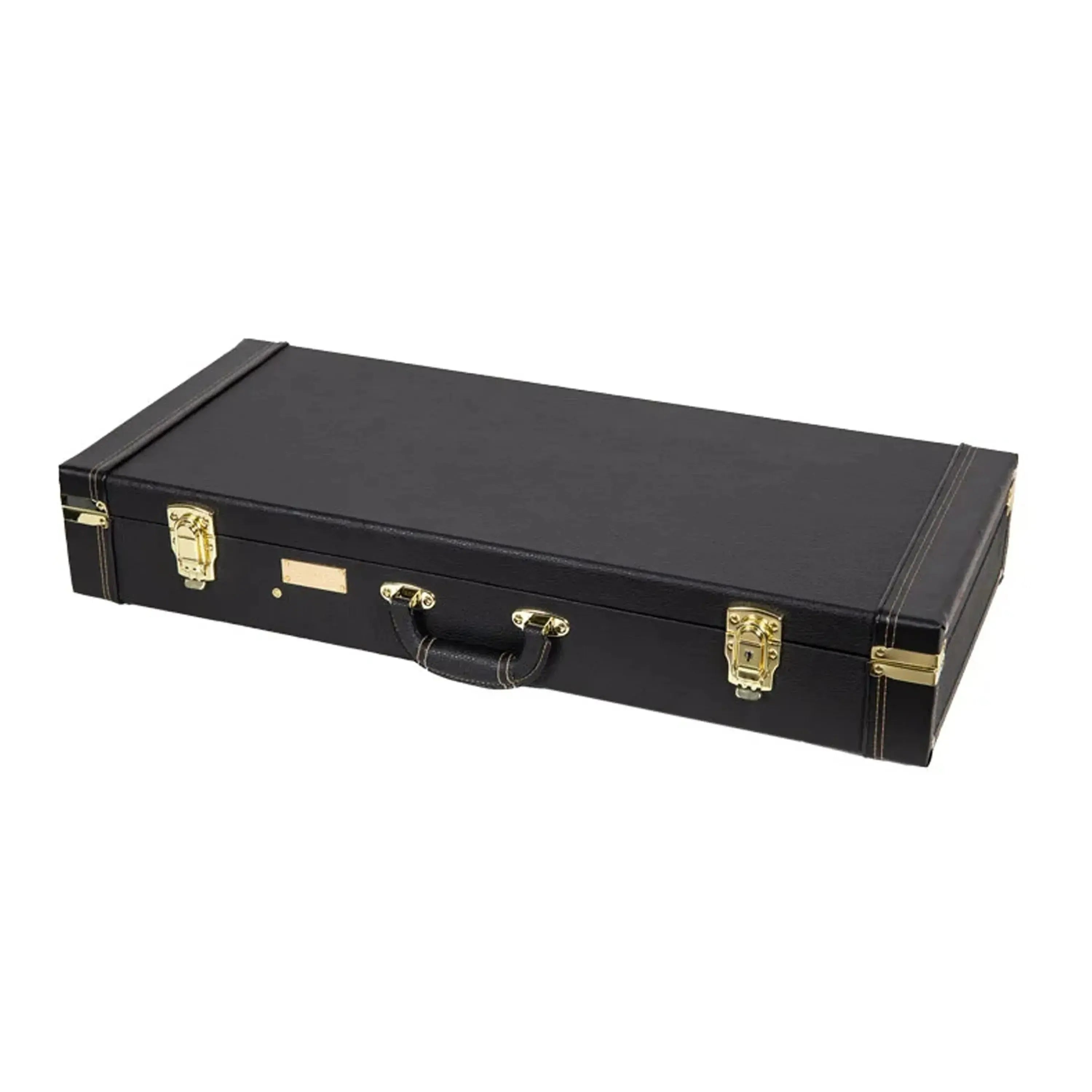 Crossrock CRW620MF-R black F-body rectangular mandolin case with gold latches and handle.
