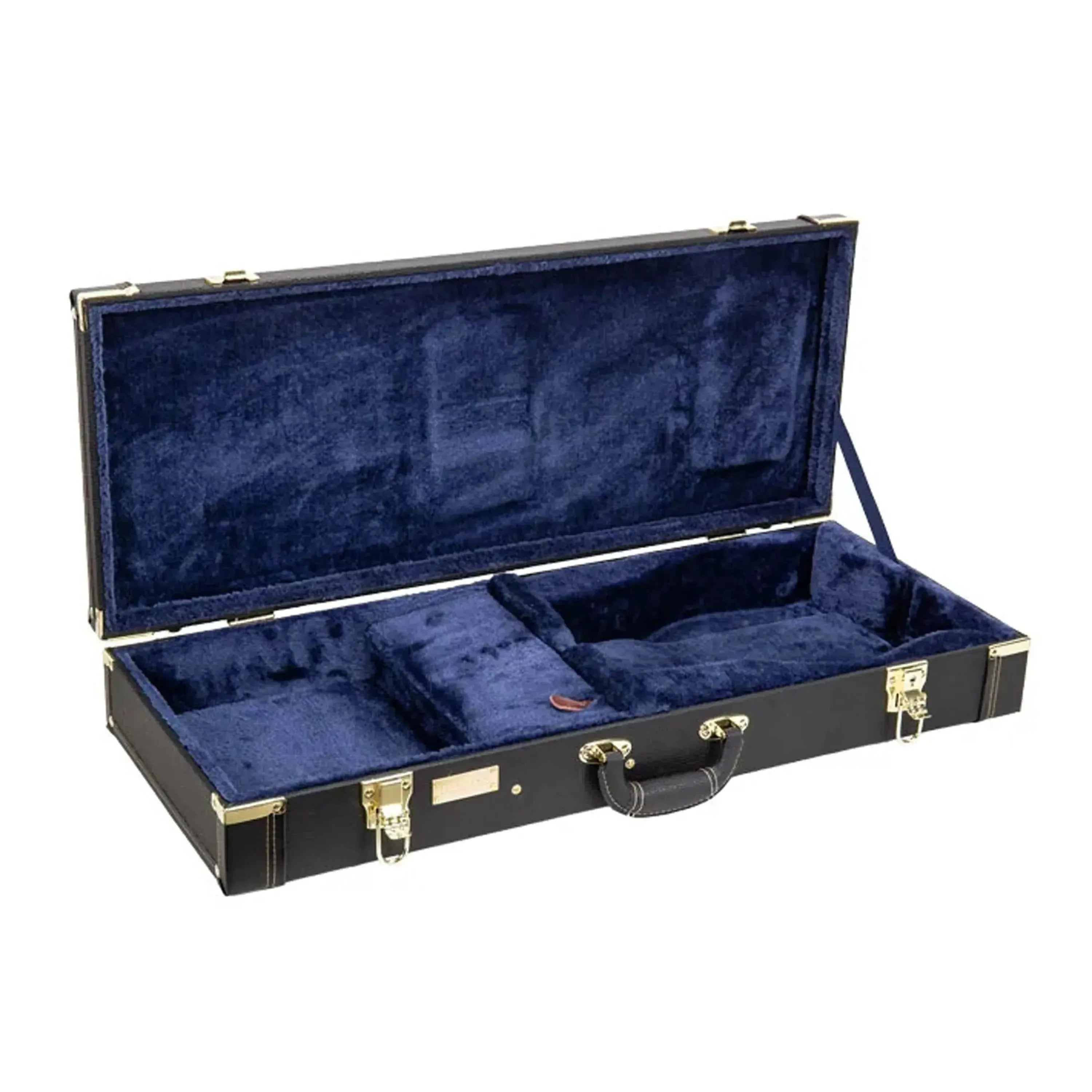 Crossrock CRW620MF-R F-Body rectangular mandolin case, black exterior with gold hardware and blue plush interior.