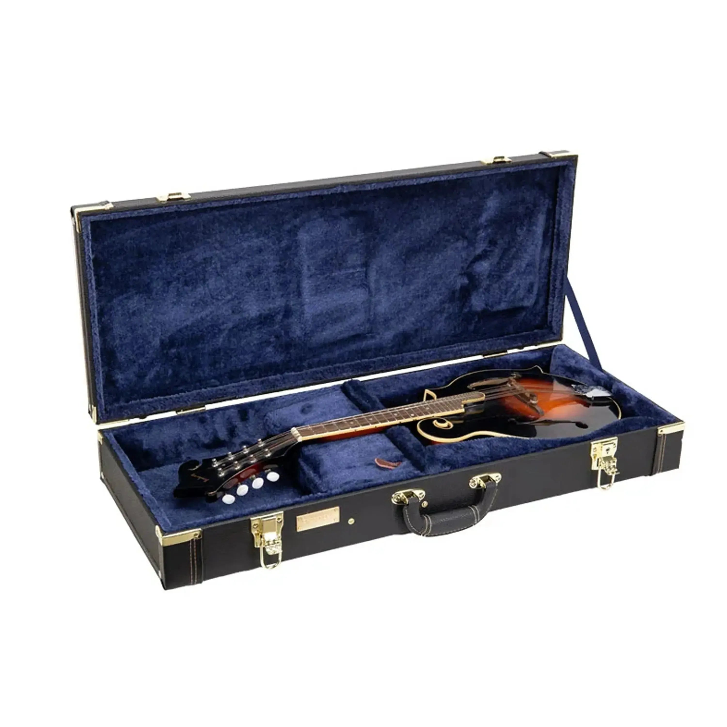 Black Crossrock F-Body rectangular mandolin case with blue plush interior, holding a mandolin.