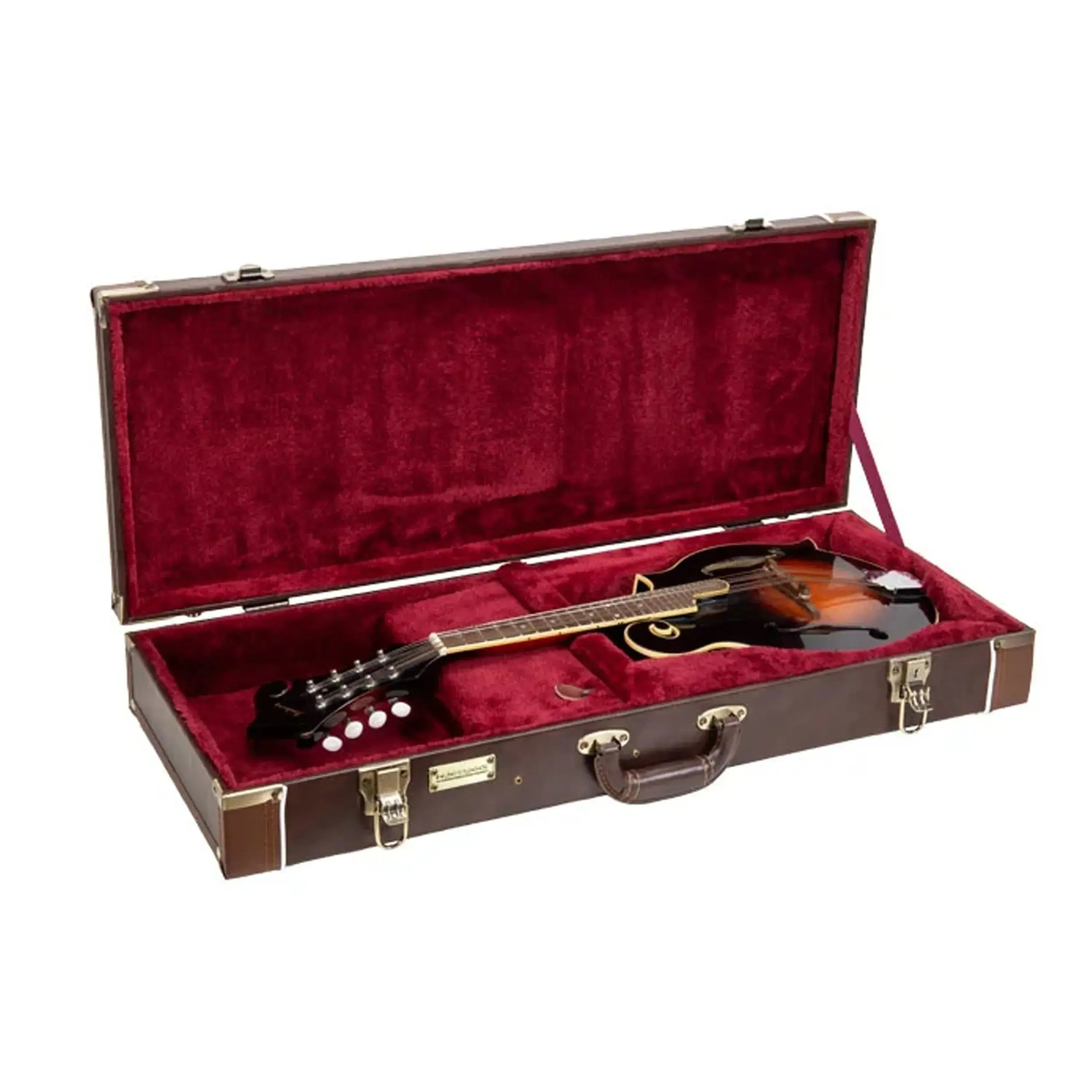 Crossrock CRW620MF-R F-Body rectangular mandolin case in brown with a red plush interior, holding a mandolin.