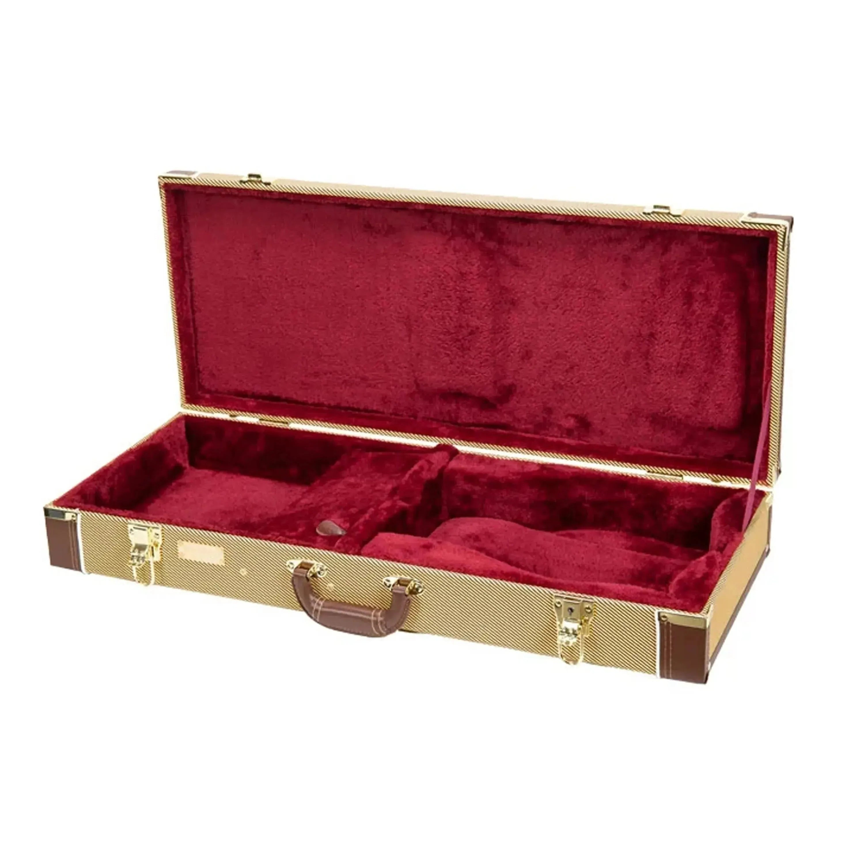 Crossrock F-Body rectangular mandolin case in tweed with red plush interior.