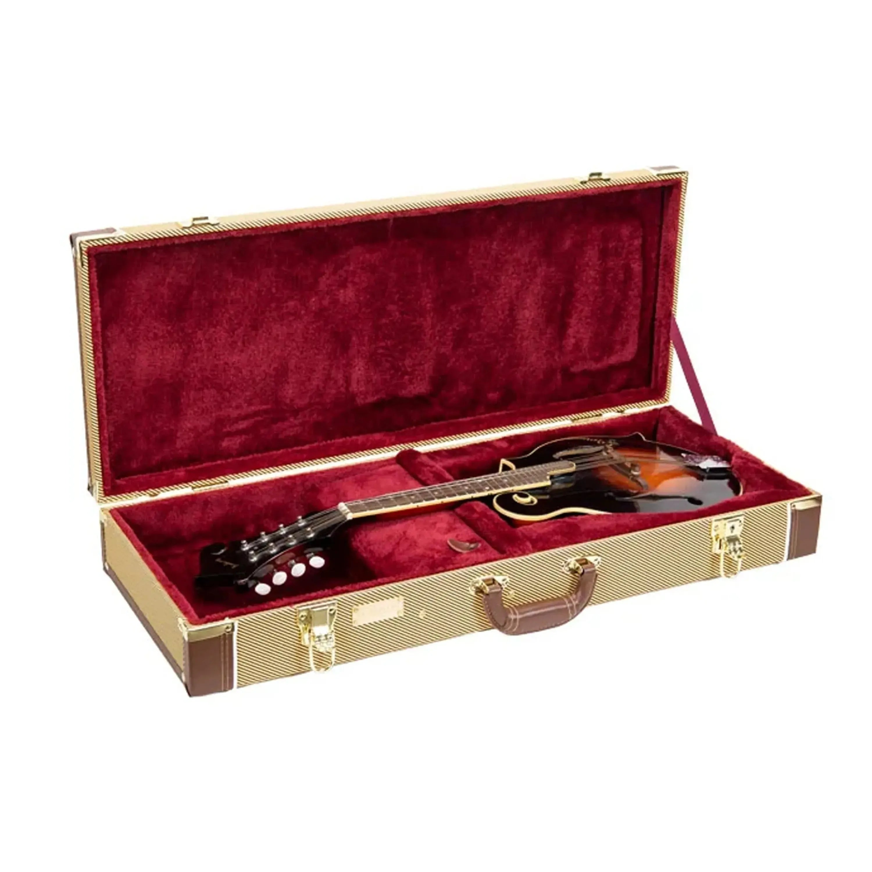 Crossrock F-Body mandolin case in tweed with a red plush interior, holding a mandolin.