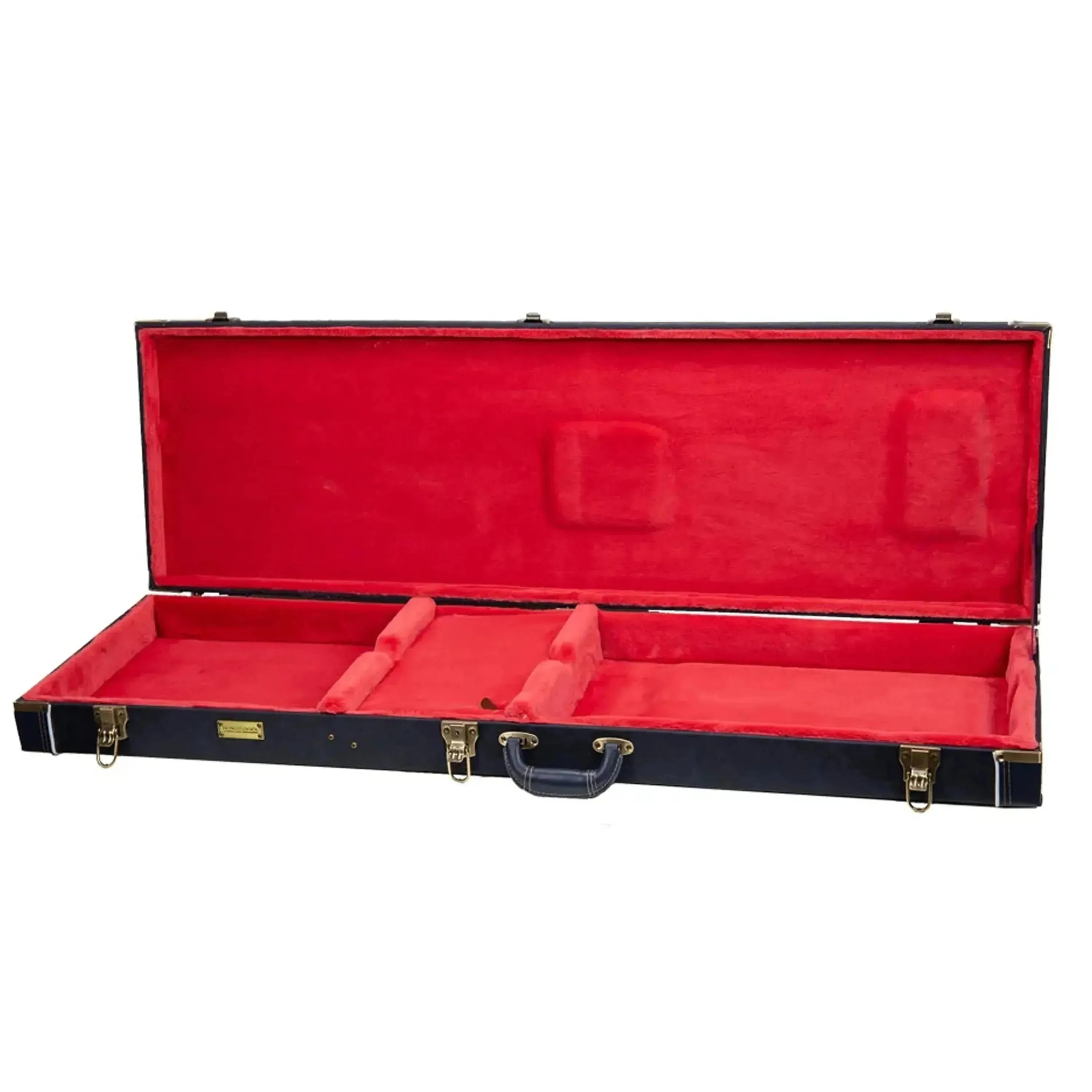 Open Crossrock CRW630B electric bass case in ocean-blue with red plush interior and gold hardware.