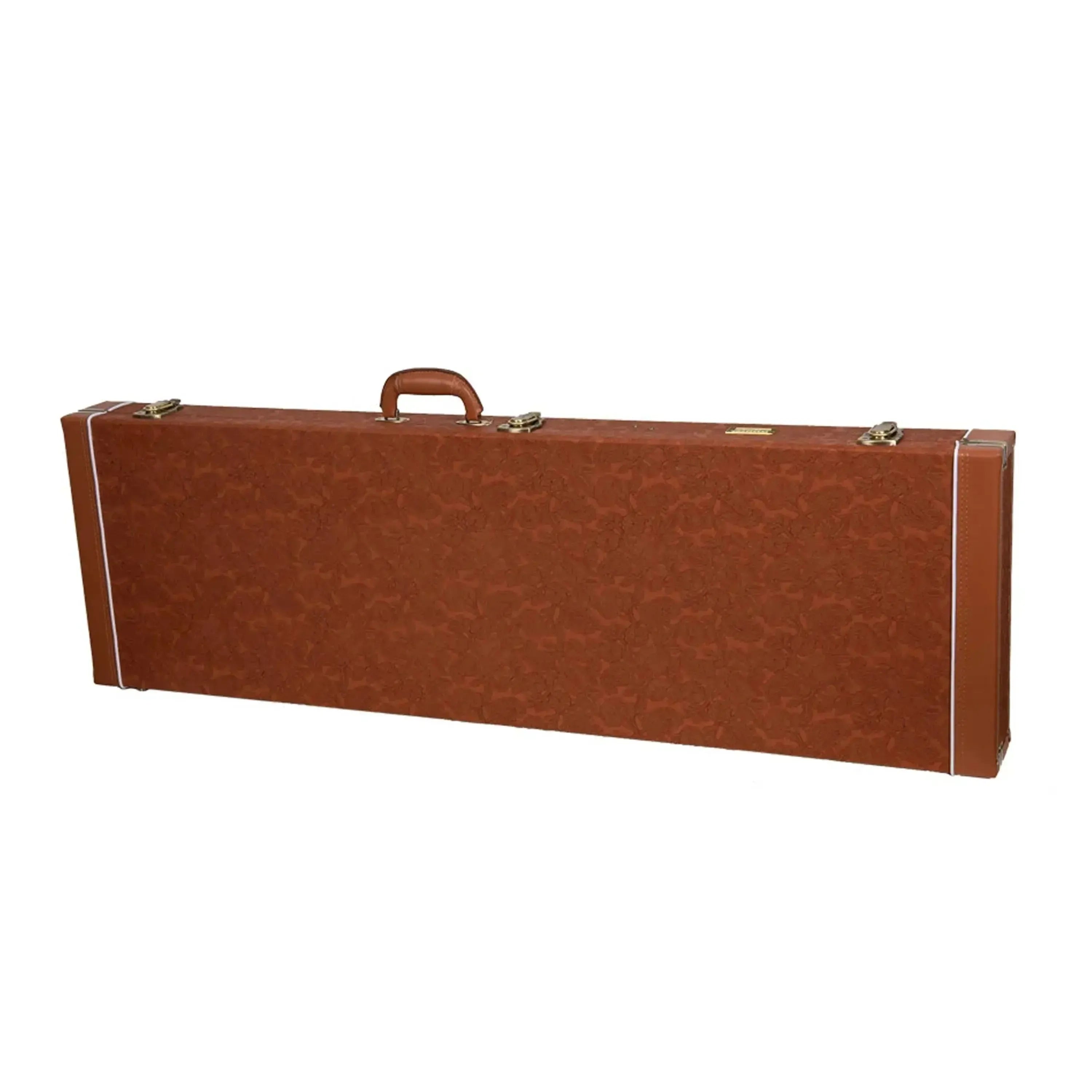 Crossrock CRW630B electric bass case in red-wood with gold latches and white trim.