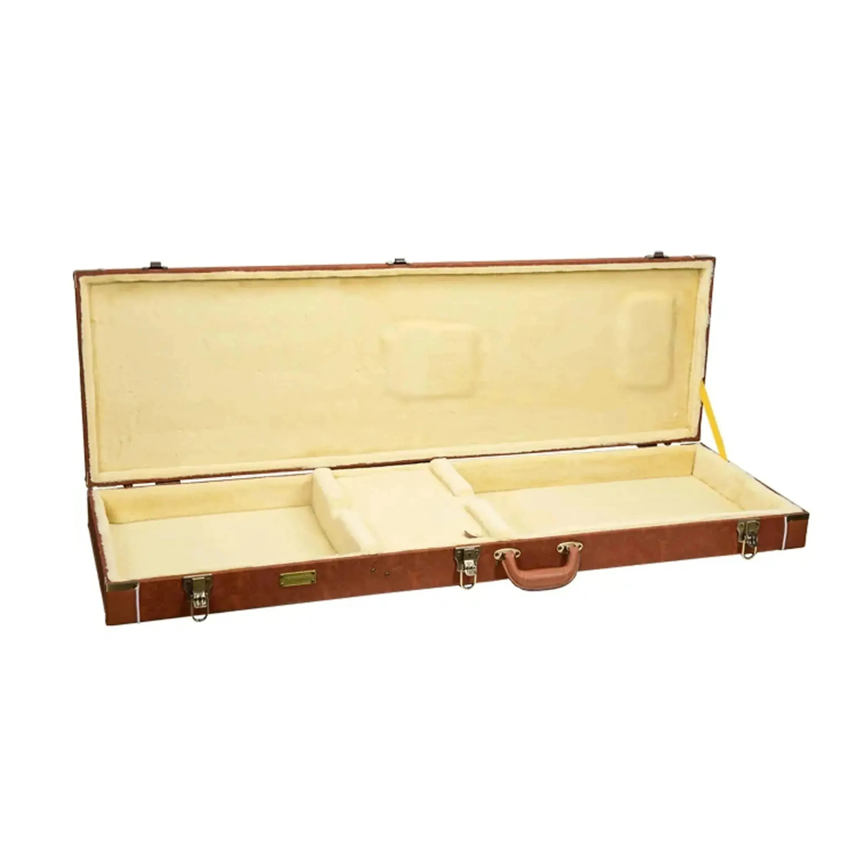 Open Crossrock CRW630B electric bass case, red-wood exterior, cream plush interior, accessory compartment.