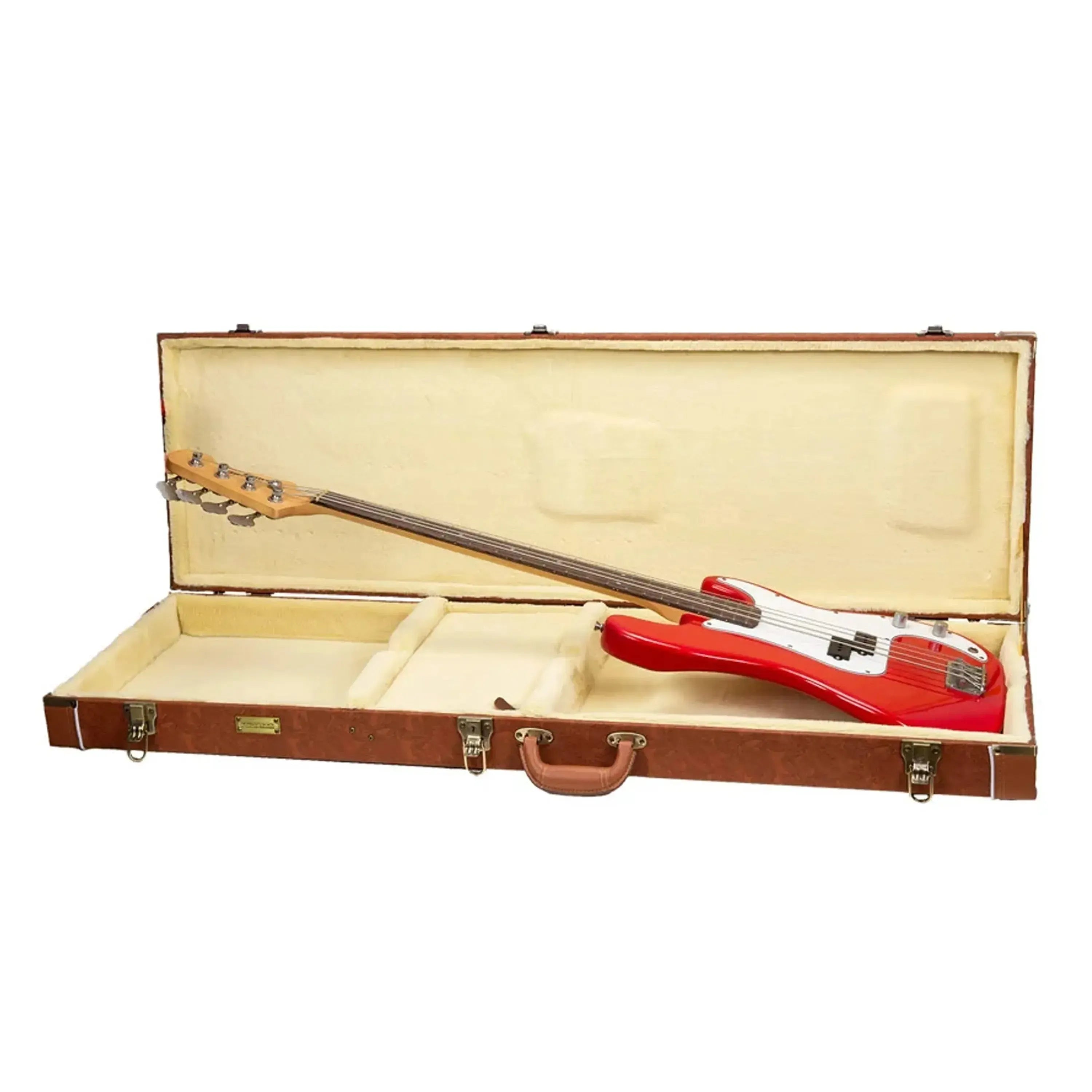 Open Crossrock CRW630B red-wood electric bass case with a red electric bass guitar inside.