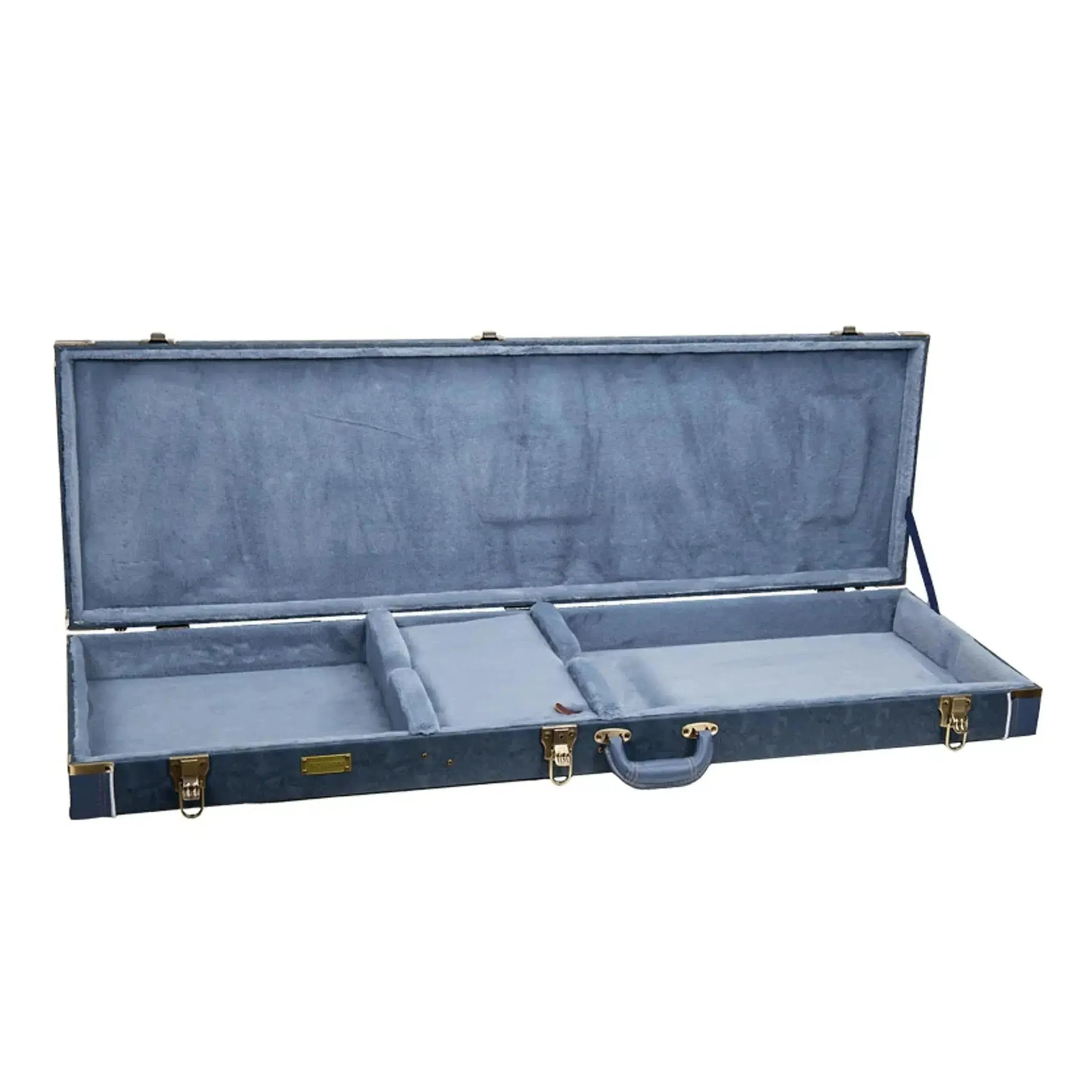 Open Crossrock CRW630B electric bass case in smoke-blue with plush gray interior, gold latches, and handle.