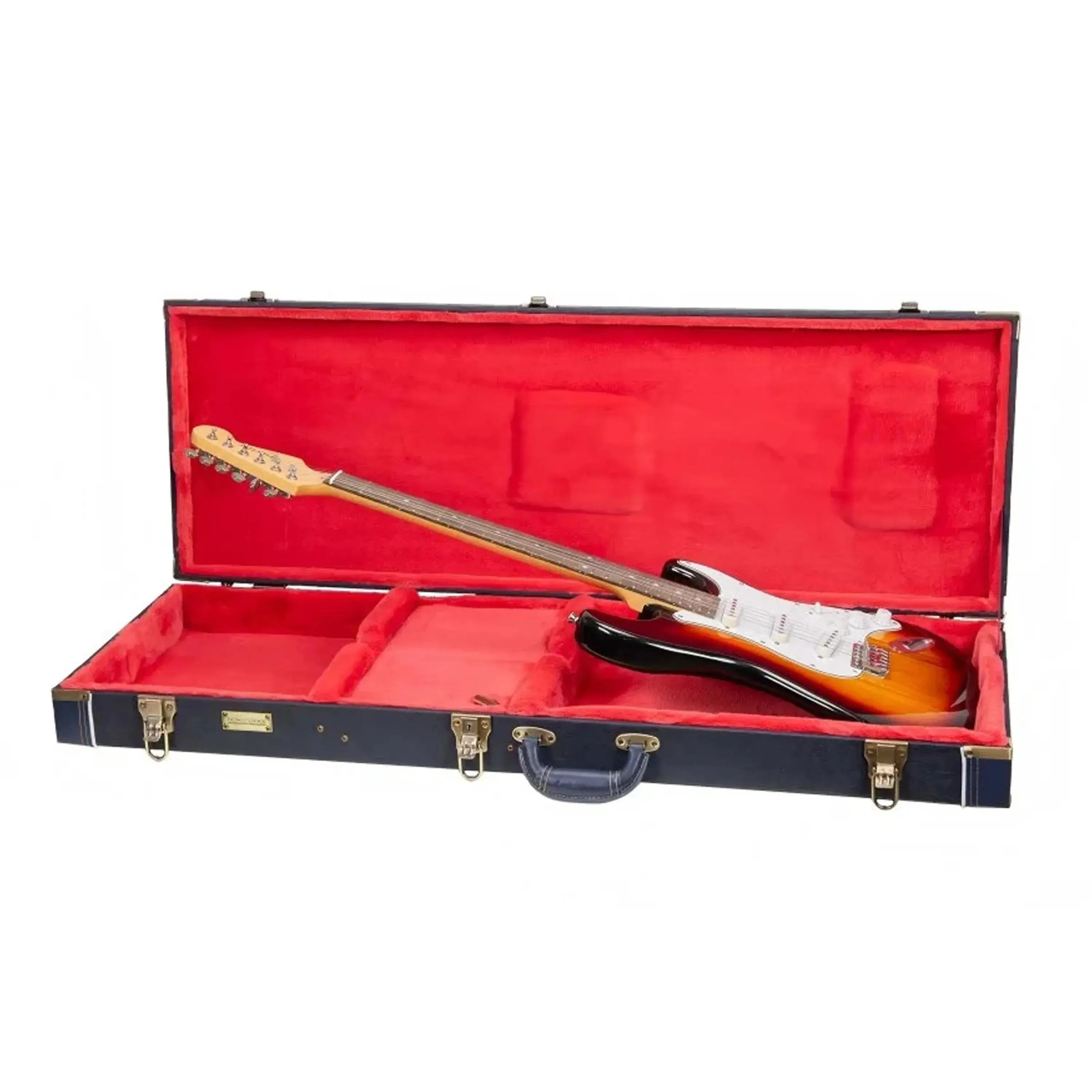 Crossrock CRW630E Ocean-Blue wooden electric guitar case with red velvet interior and guitar.
