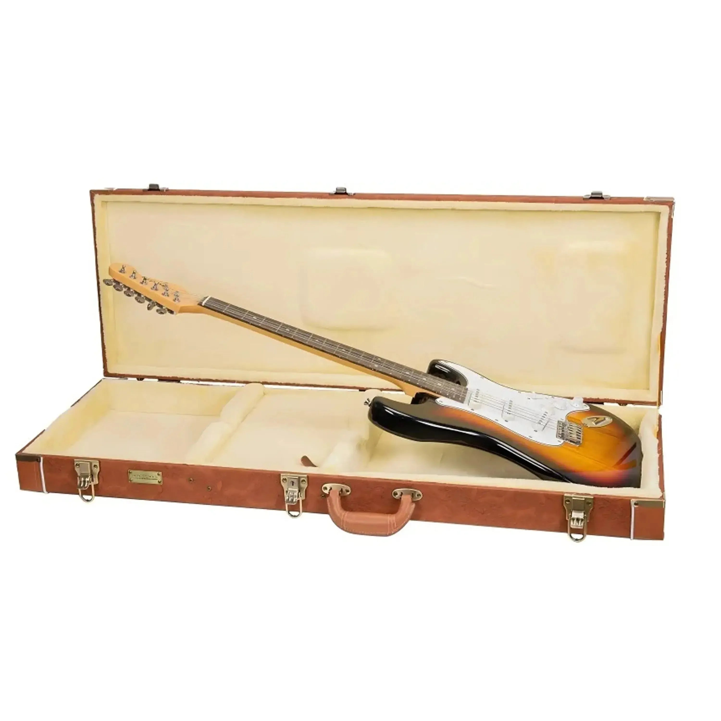 Crossrock CRW630E red-wood electric guitar case with a black and sunburst Fender Stratocaster inside.