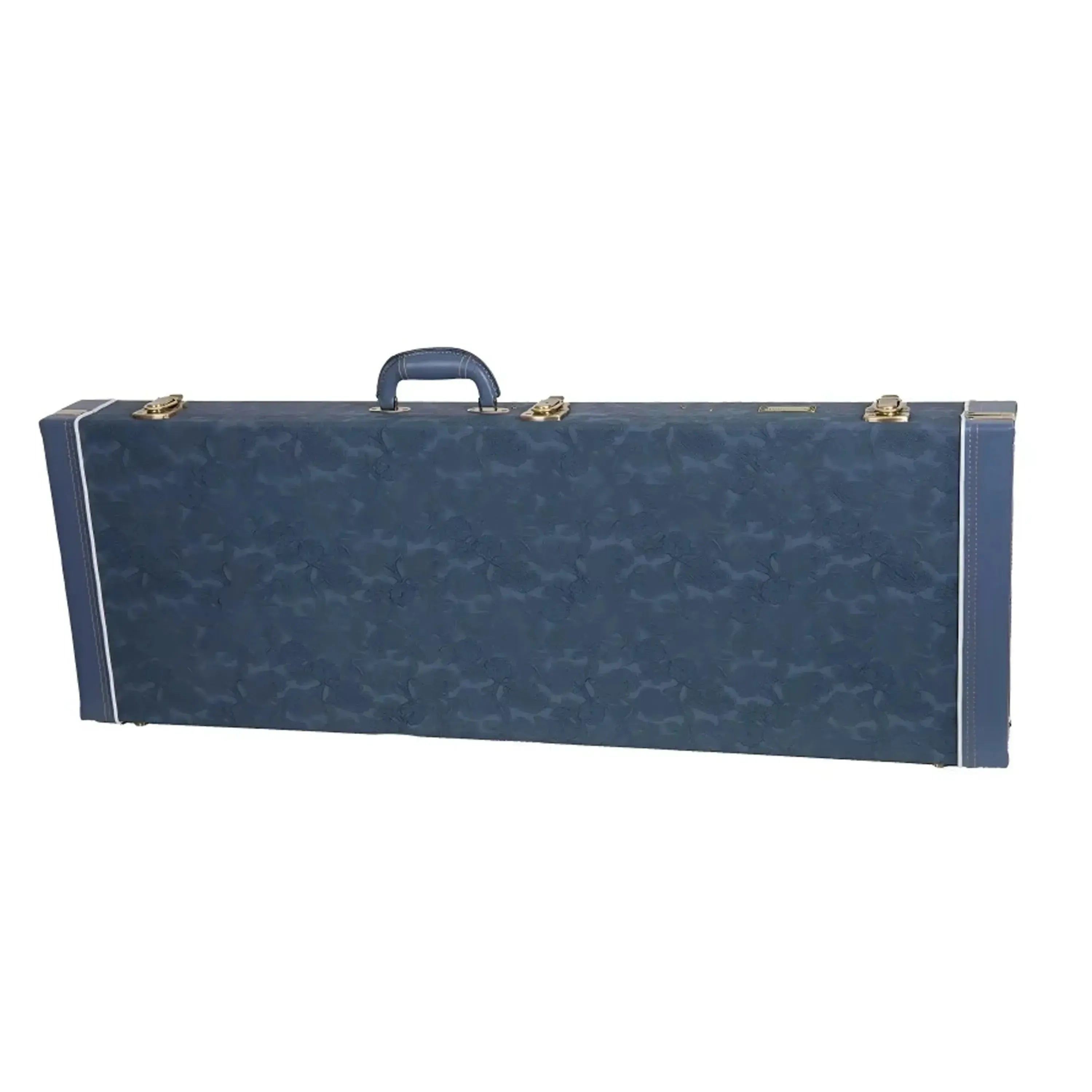 Crossrock CRW630E wooden electric guitar case in smoke-blue with carved faux leather exterior and gold latches.