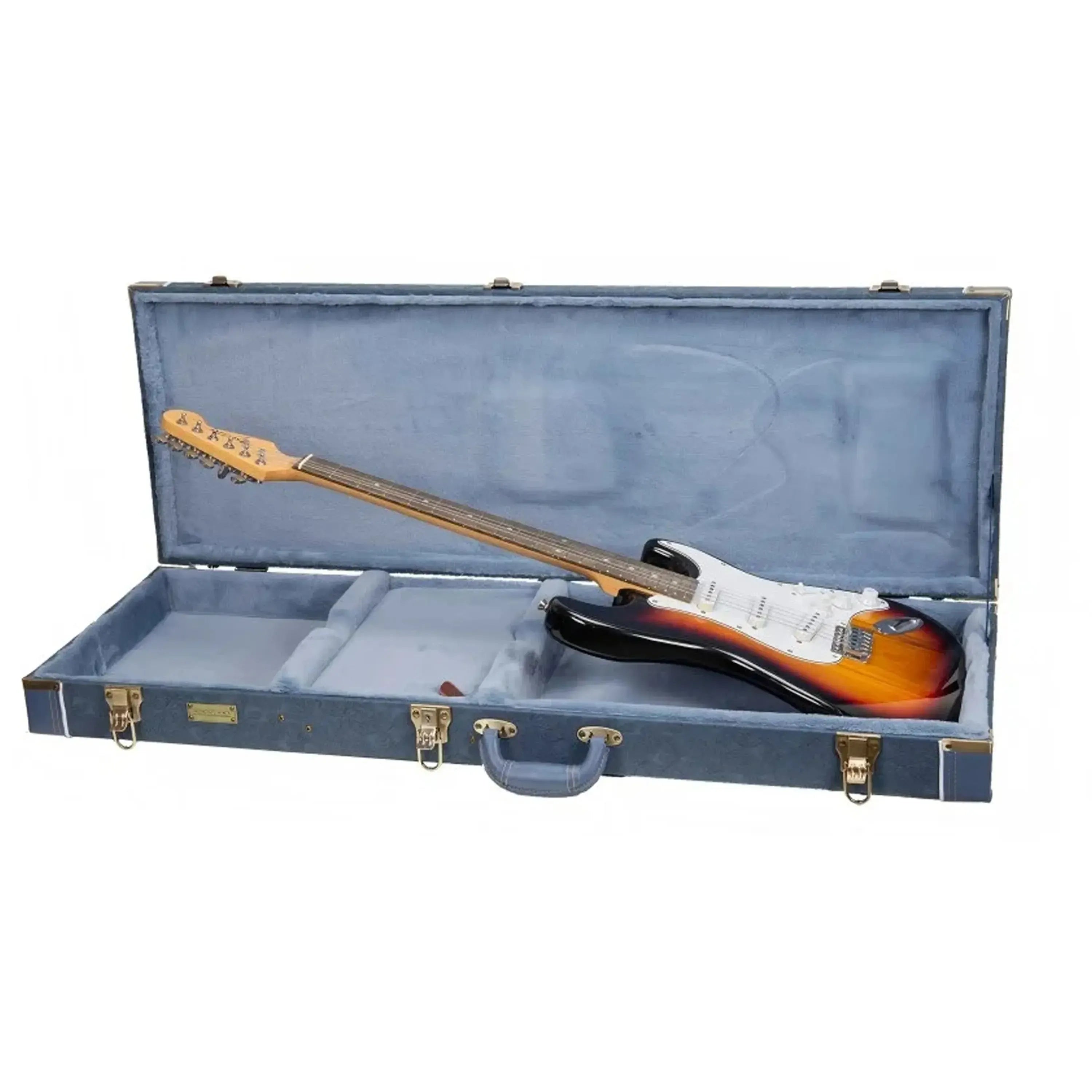 Crossrock CRW630E smoke-blue wooden electric guitar case with a sunburst electric guitar inside.