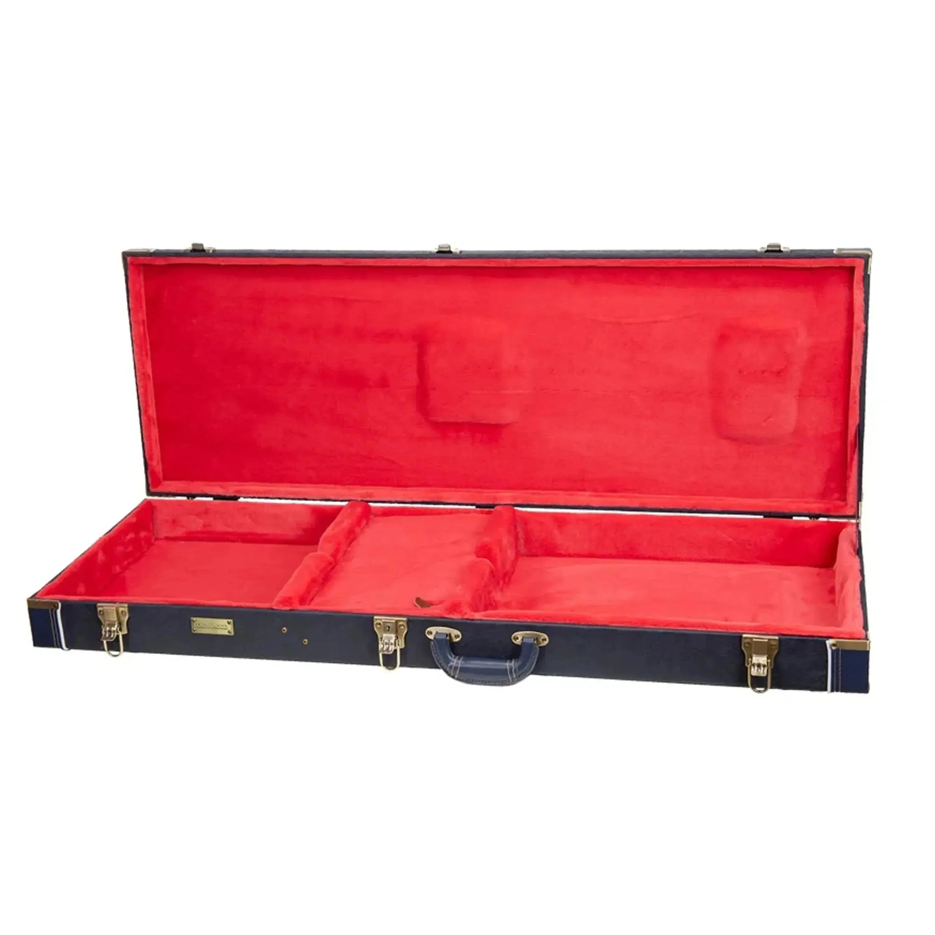 Crossrock CRW630JM wooden Jazzmaster style electric guitar case, ocean-blue exterior, red plush interior.