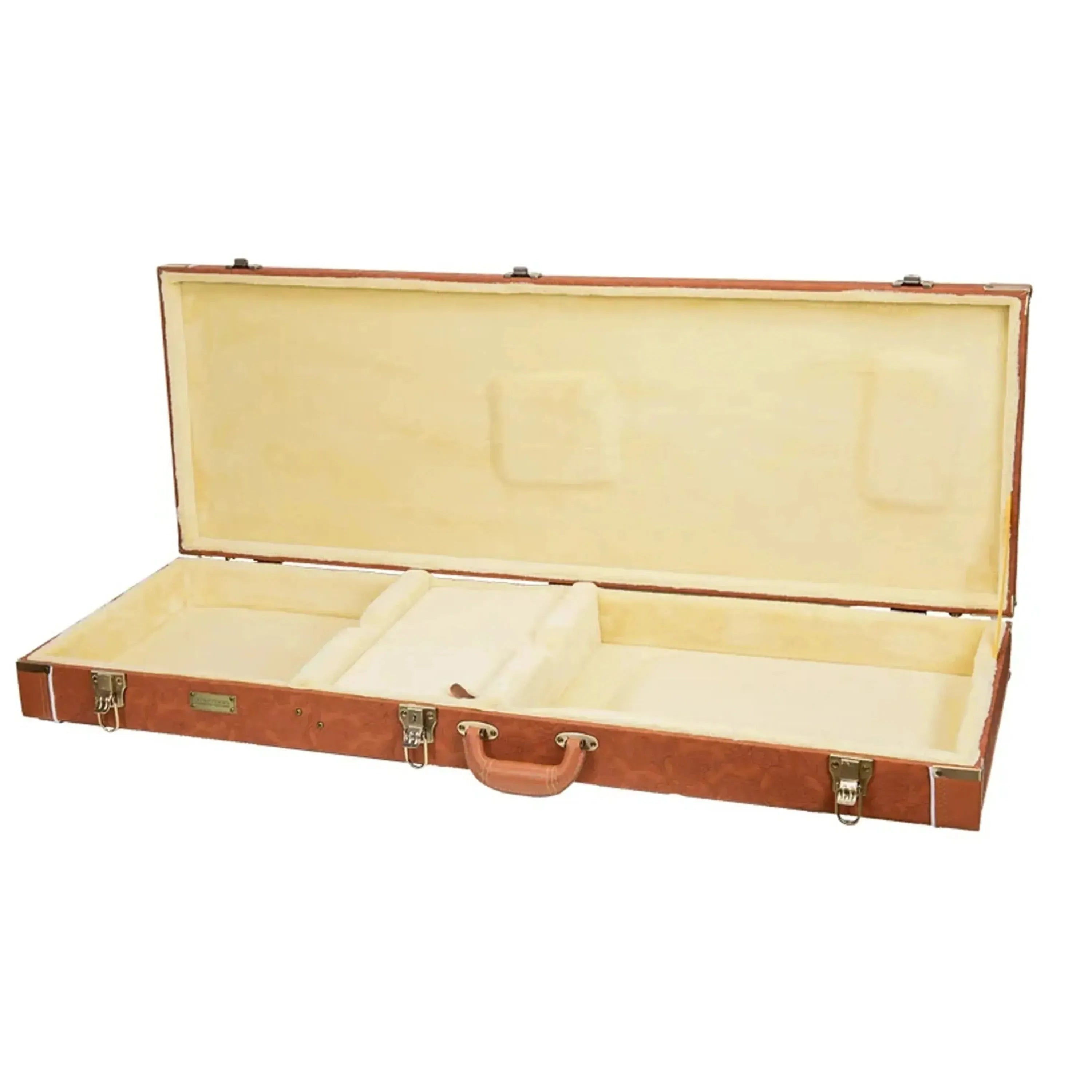 Open Crossrock CRW630JM wooden Jazzmaster style electric guitar case in red-wood with cream interior.