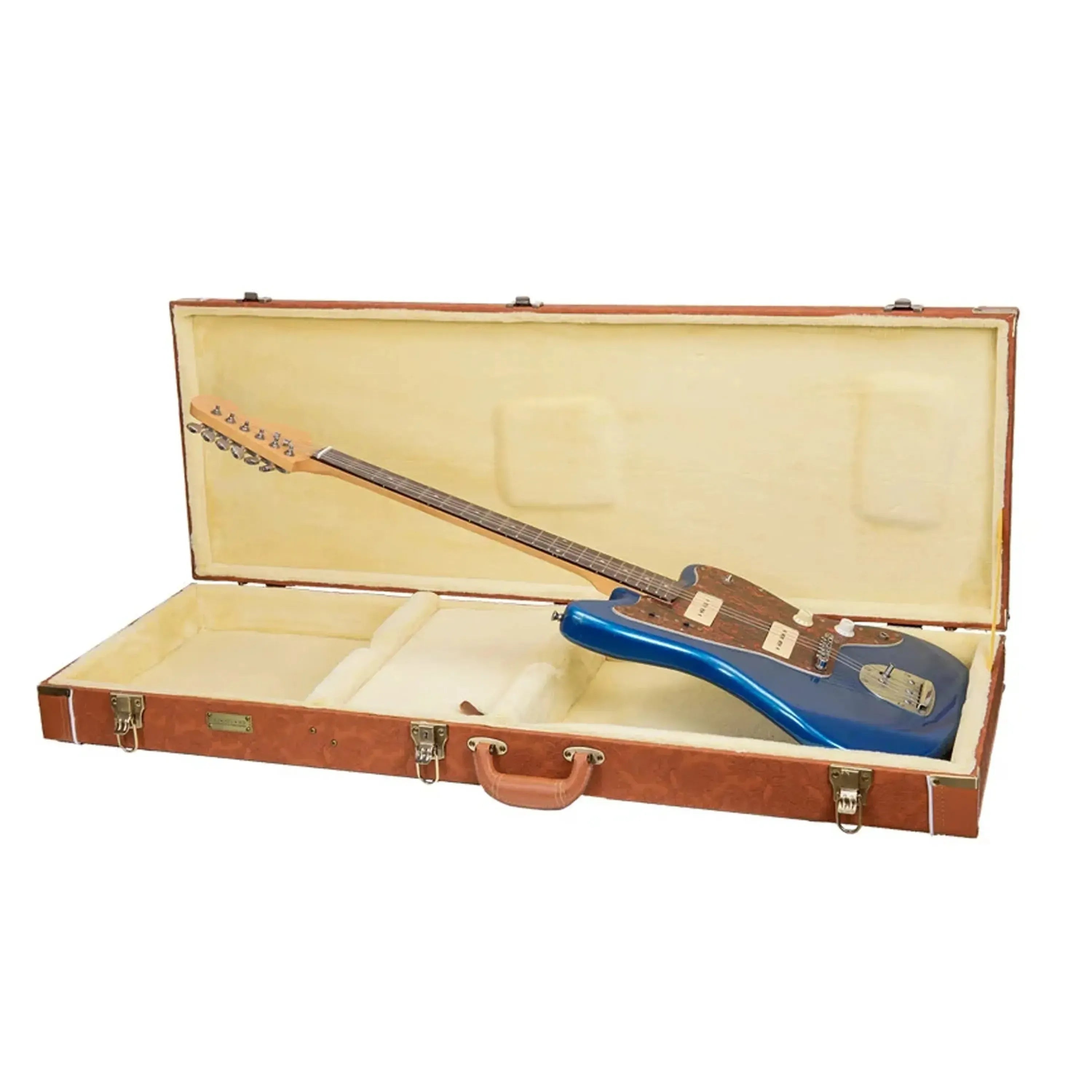 Crossrock CRW630JM wooden Jazzmaster style electric guitar case in red-wood with a blue guitar inside.
