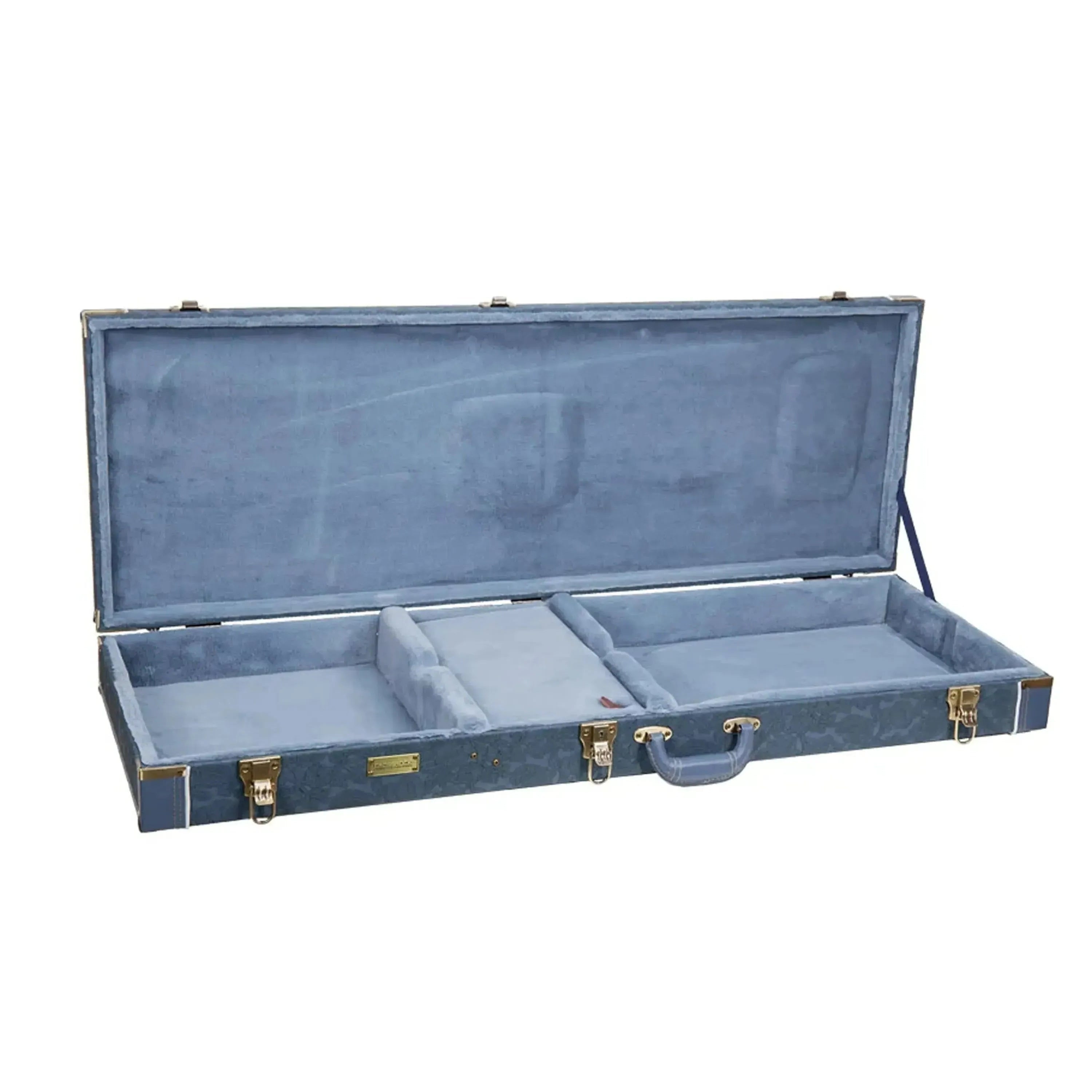 Crossrock CRW630JM wooden Jazzmaster style electric guitar case, open, smoke-blue exterior, plush gray interior.