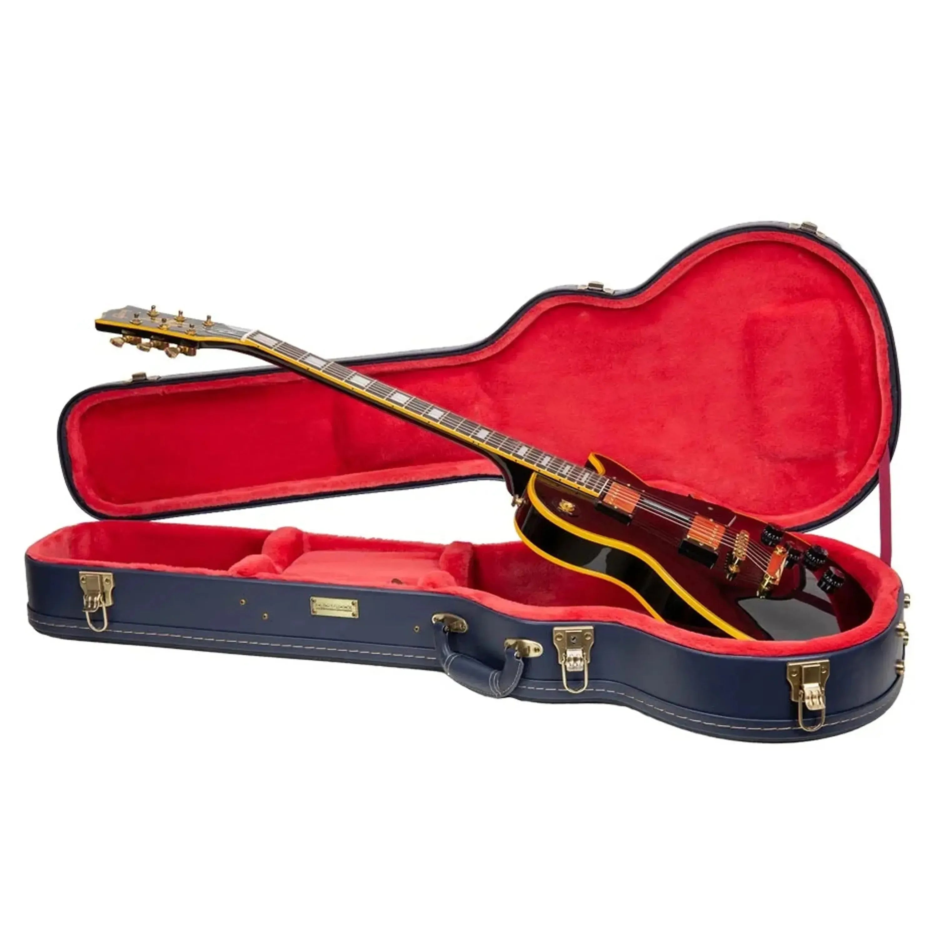 Crossrock CRW630L Les Paul electric guitar case in ocean-blue with a red plush interior, holding a guitar.