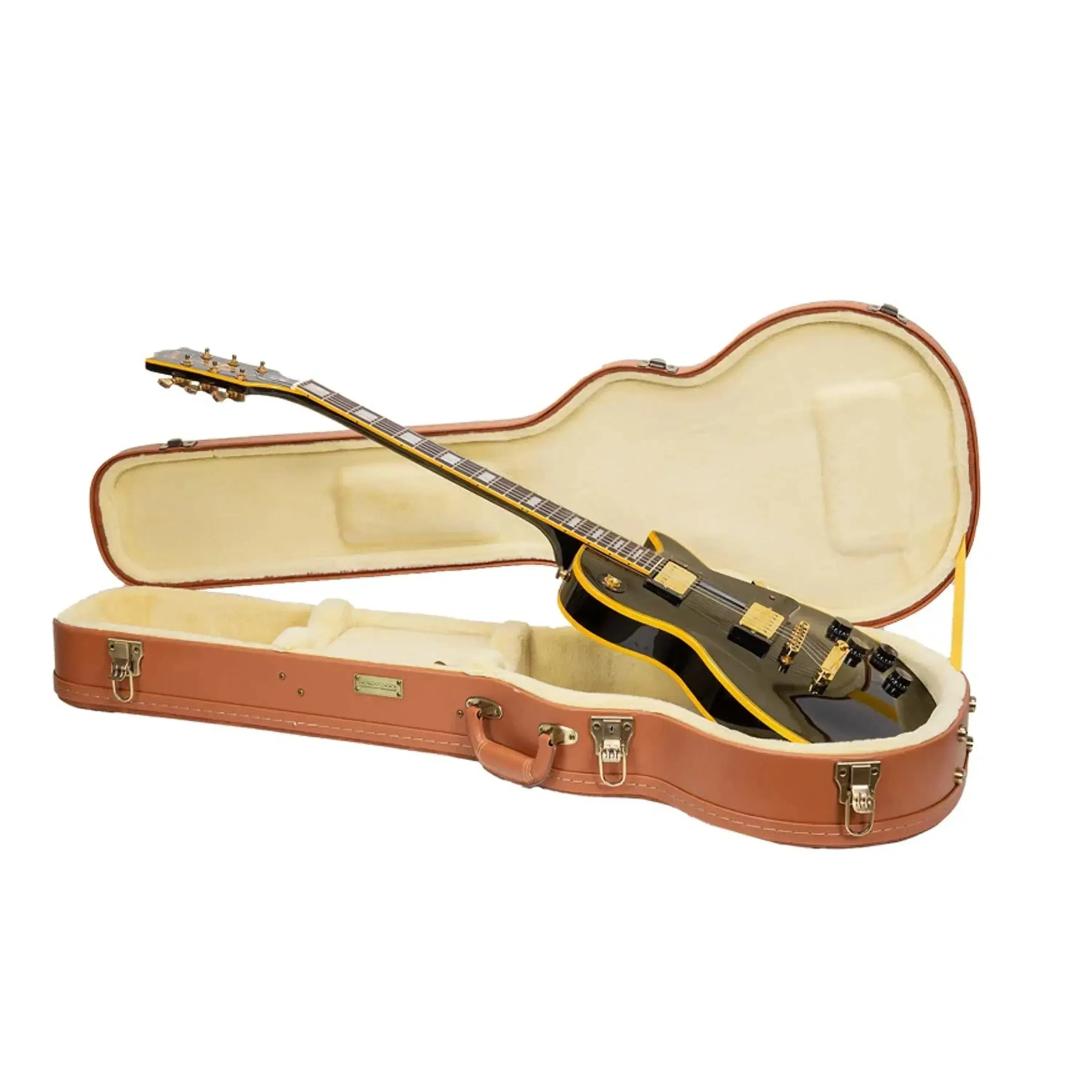 Crossrock CRW630L Les Paul electric guitar case in red-wood with a black and yellow guitar.