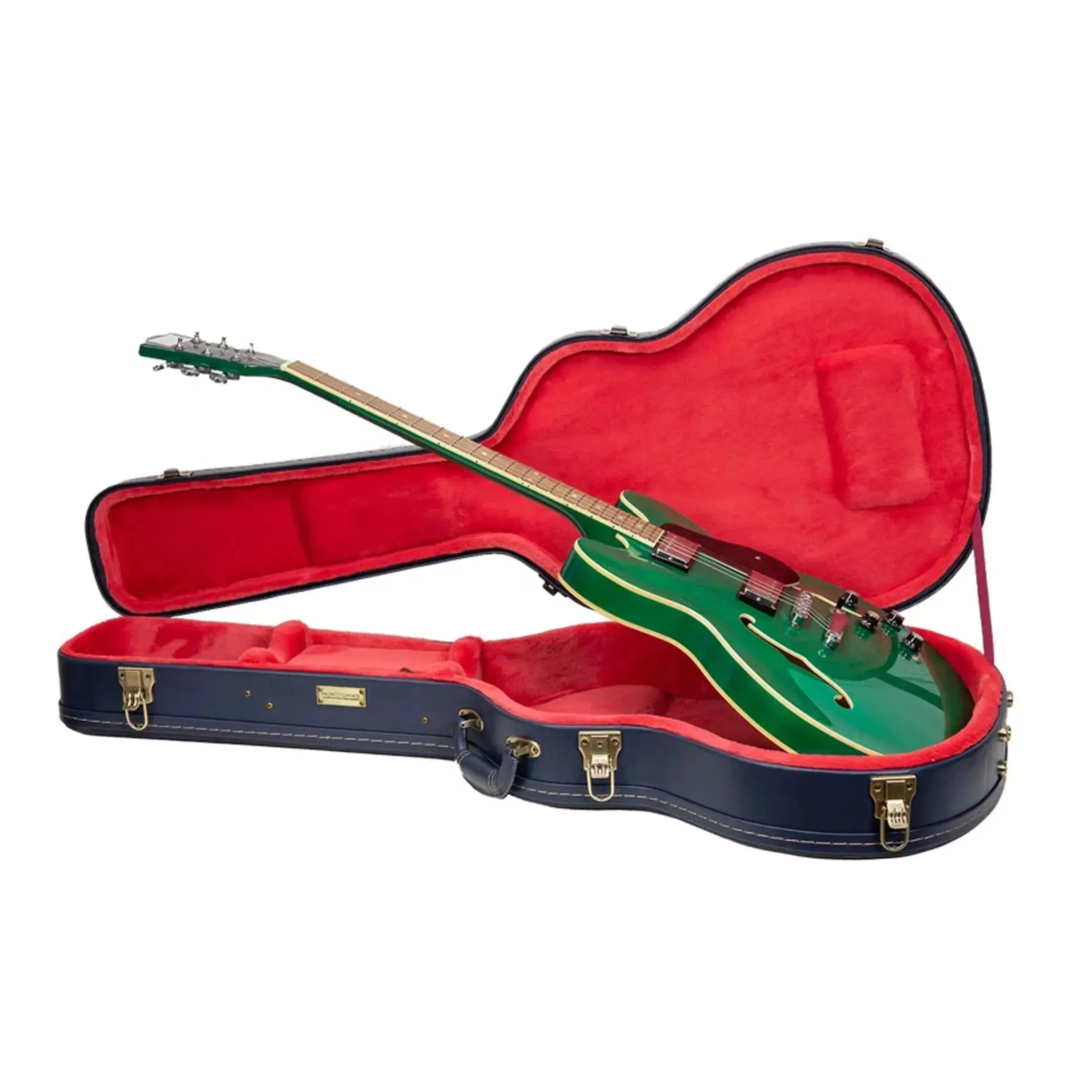 Crossrock CRW630SA Ocean-Blue wooden semi-hollow electric guitar case with a green guitar.