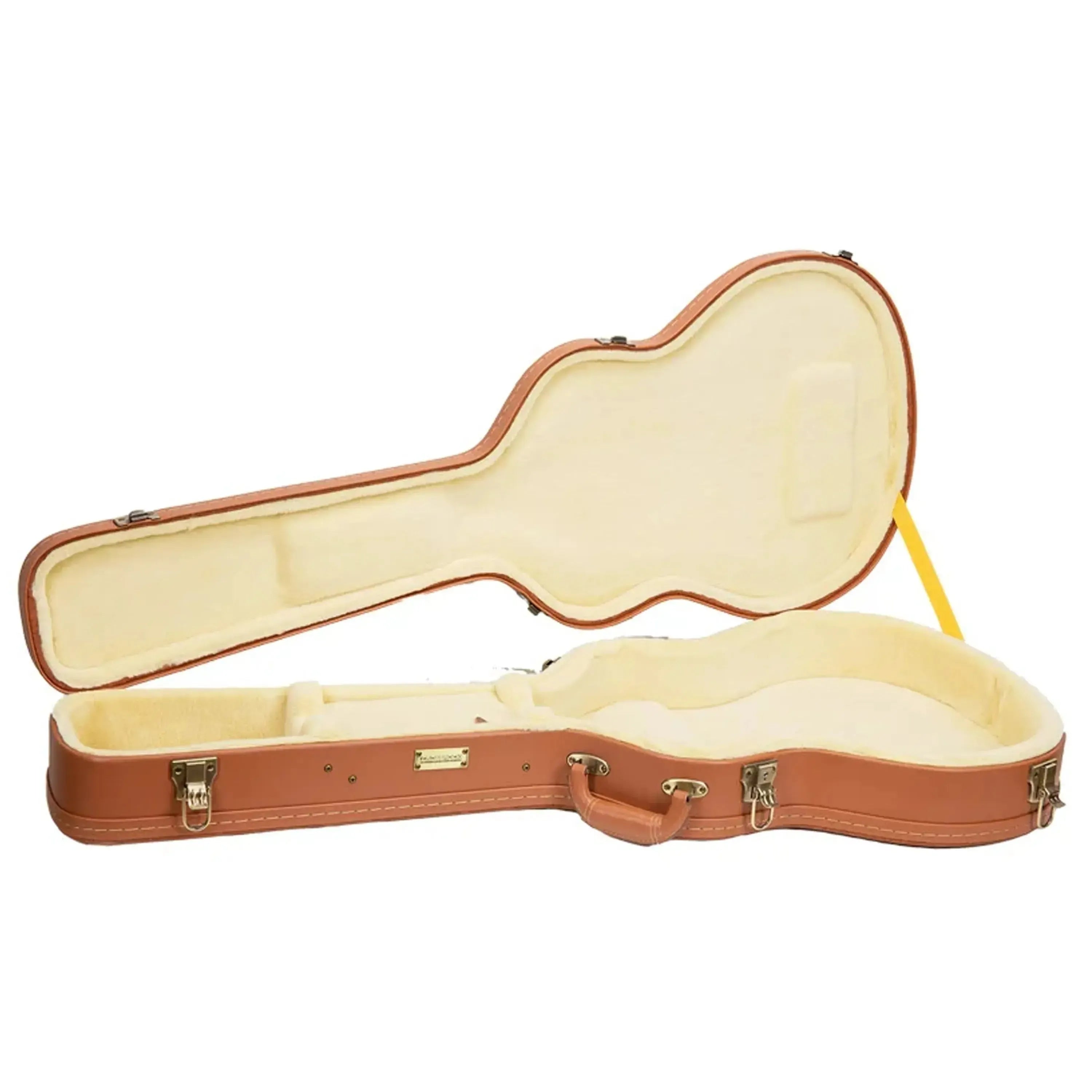Crossrock CRW630SA red-wood semi-hollow electric guitar case, open with cream plush interior.