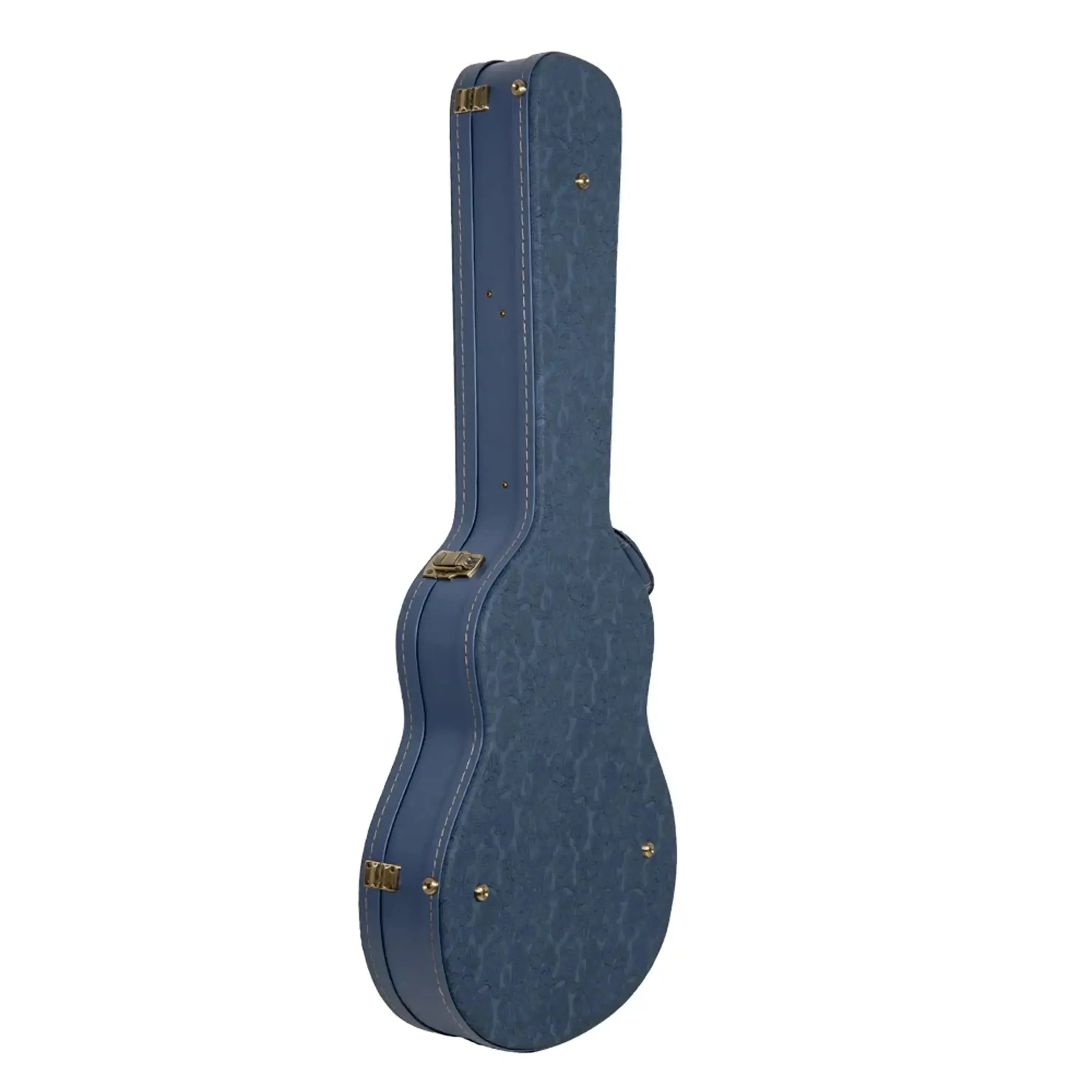Crossrock CRW630SA smoke-blue wooden semi-hollow electric guitar case with gold latches.