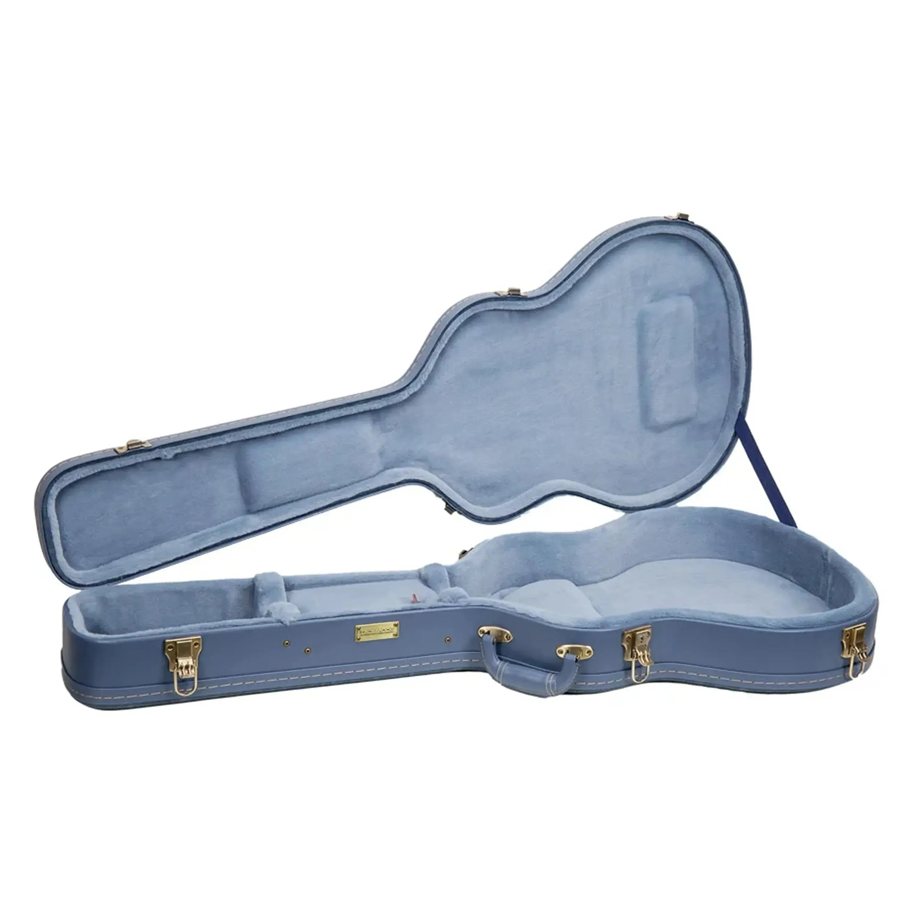 Crossrock CRW630SA semi-hollow electric guitar case in smoke-blue, open with plush interior.