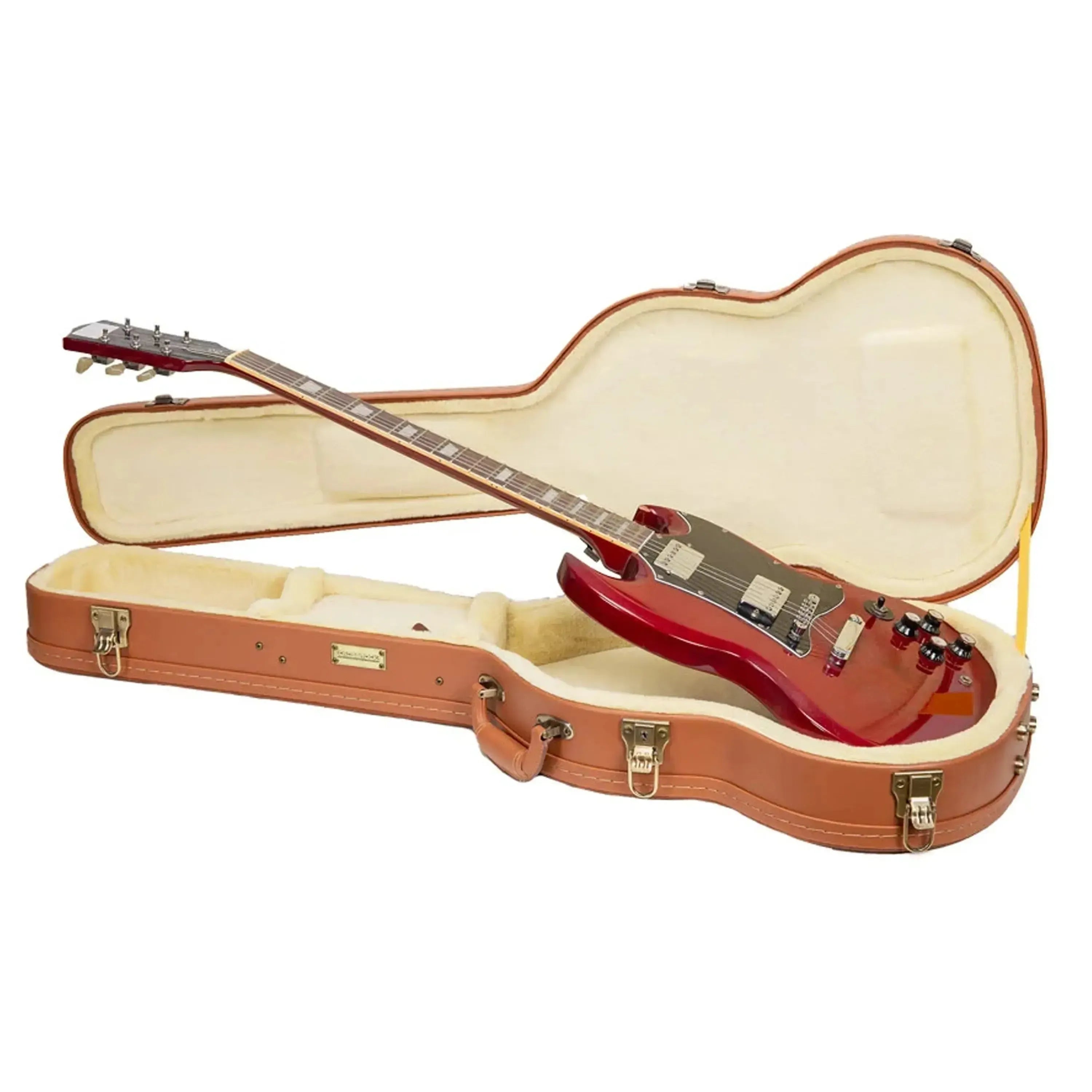 Crossrock CRW630SG red-wood SG electric guitar case with a red SG guitar inside, open.