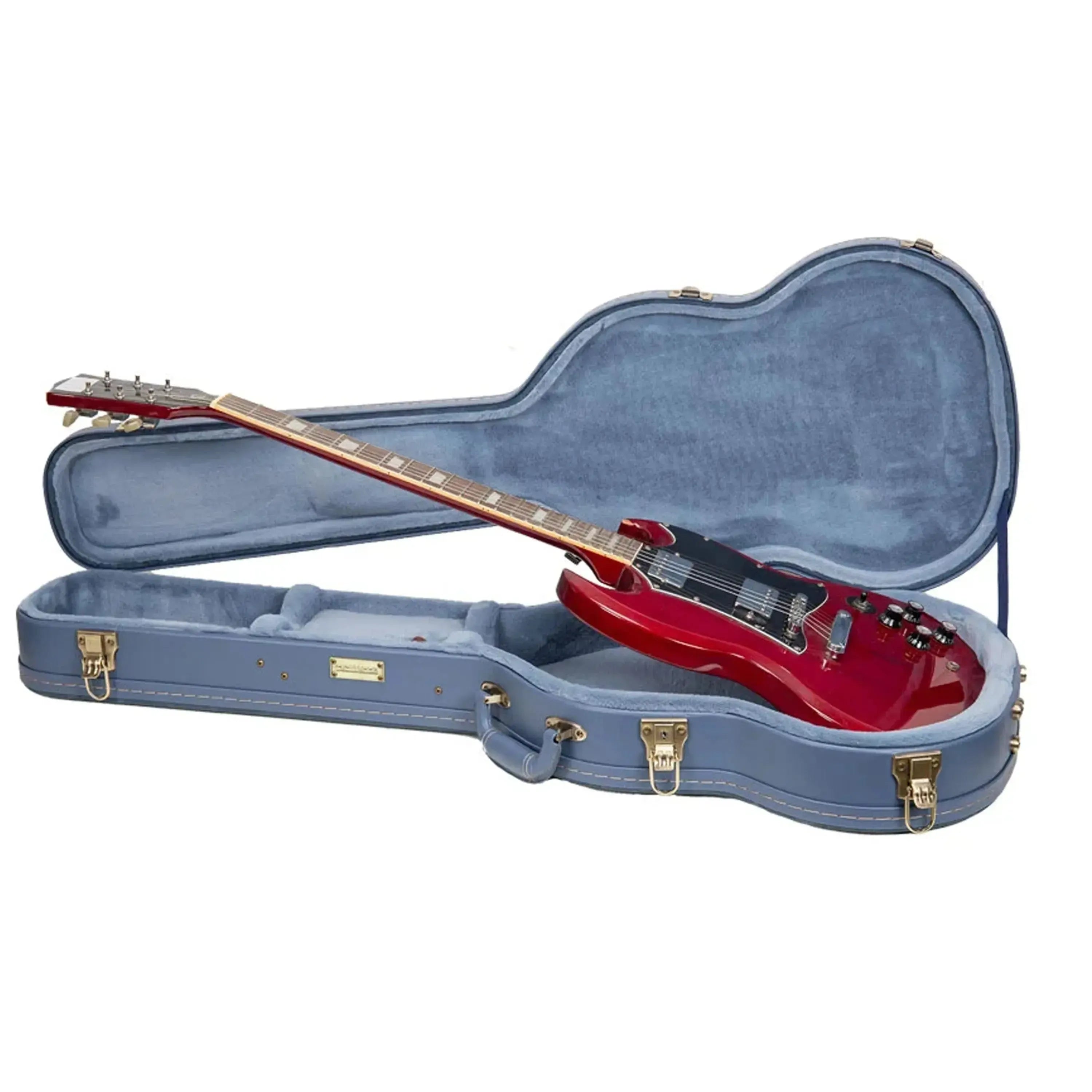 Crossrock CRW630SG smoke-blue SG electric guitar case with a red SG guitar partially inside.